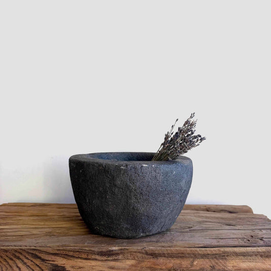 Antique Heavy Stone Mortar Planter | Vintage Hand-Carved Limestone Bowl