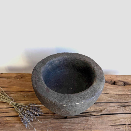 Antique Heavy Stone Mortar Planter | Vintage Hand-Carved Limestone Bowl