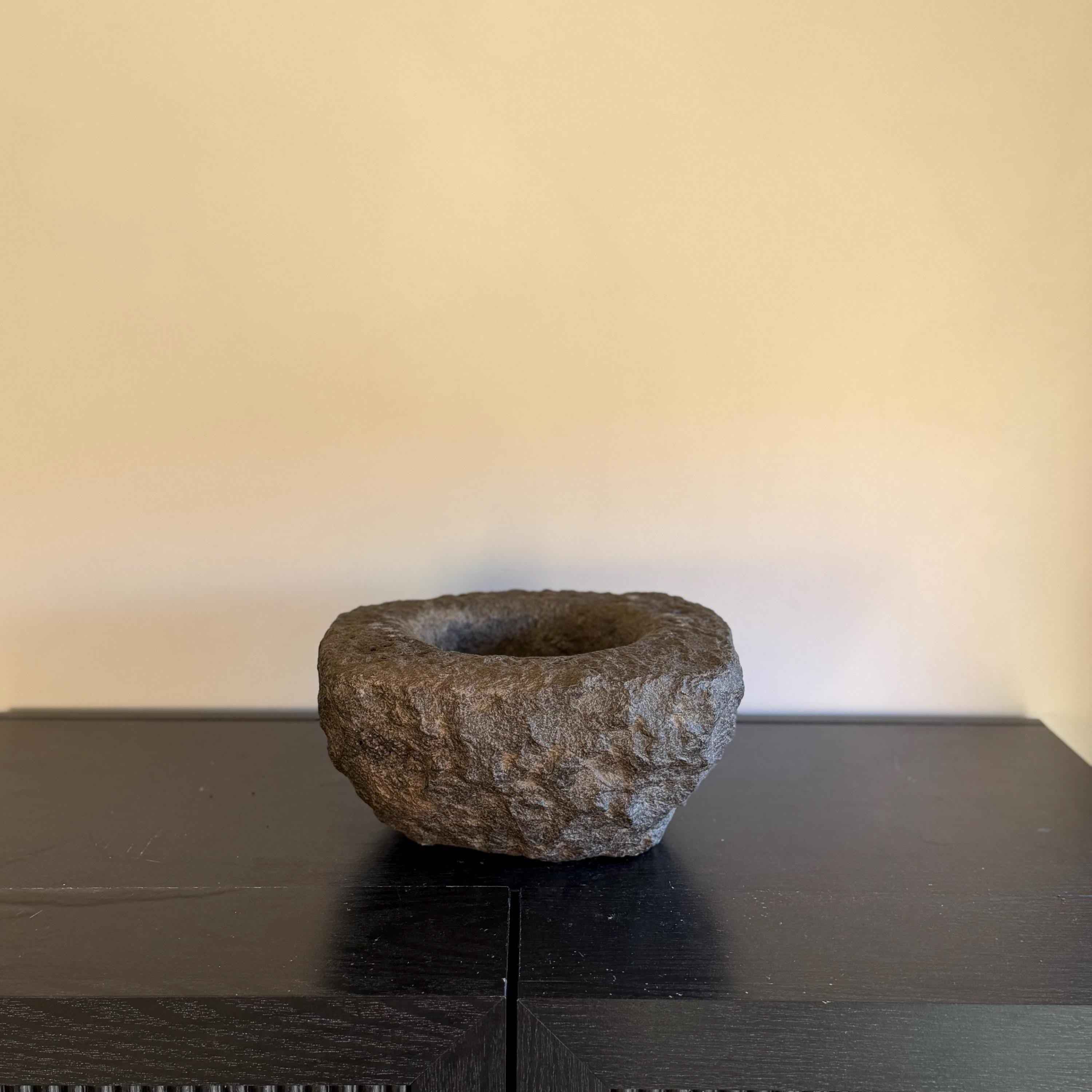 Antique Heavy Stone Mortar Planter | Vintage Hand-Carved Limestone Bowl