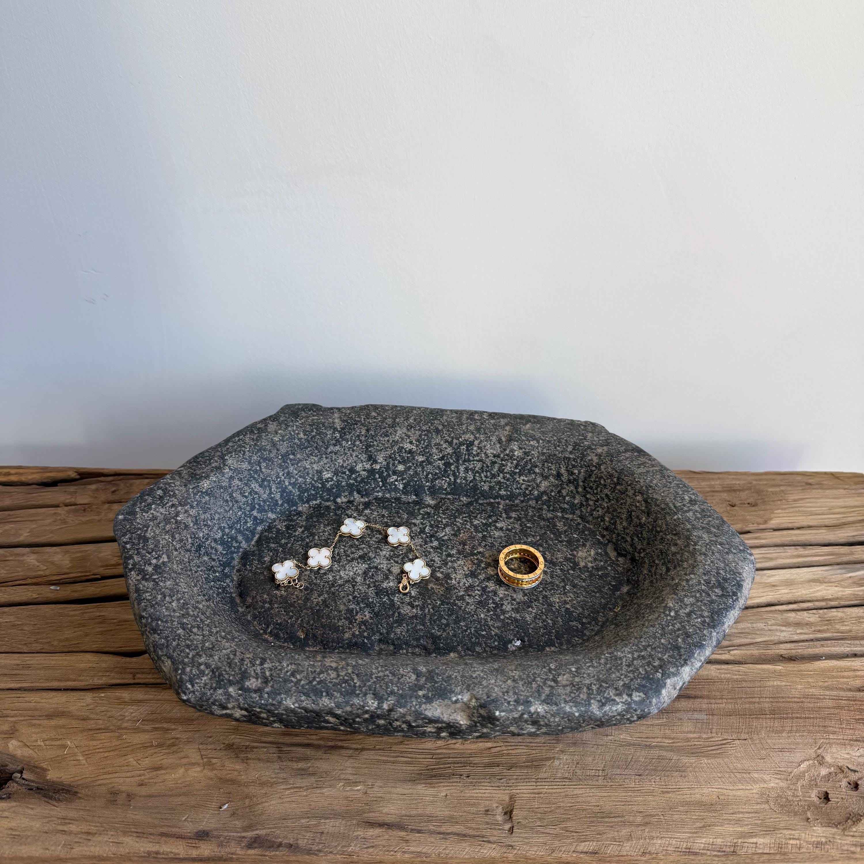 Vintage Marble Kharal 12.5" Stone Tray, Antique Limestone Carved Oval Tray, Primitive Stone Centerpiece