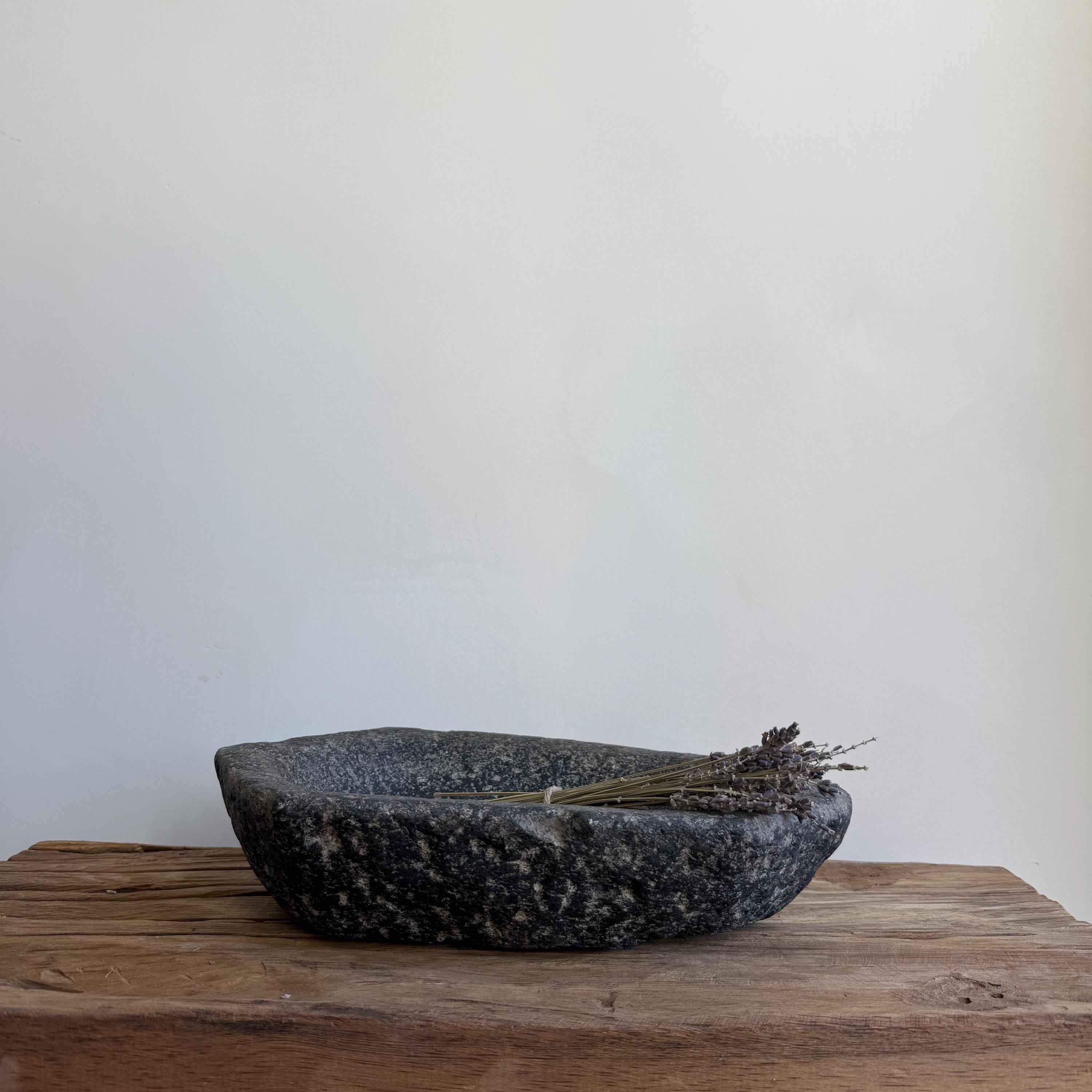 Vintage Marble Kharal 12.5" Stone Tray, Antique Limestone Carved Oval Tray, Primitive Stone Centerpiece