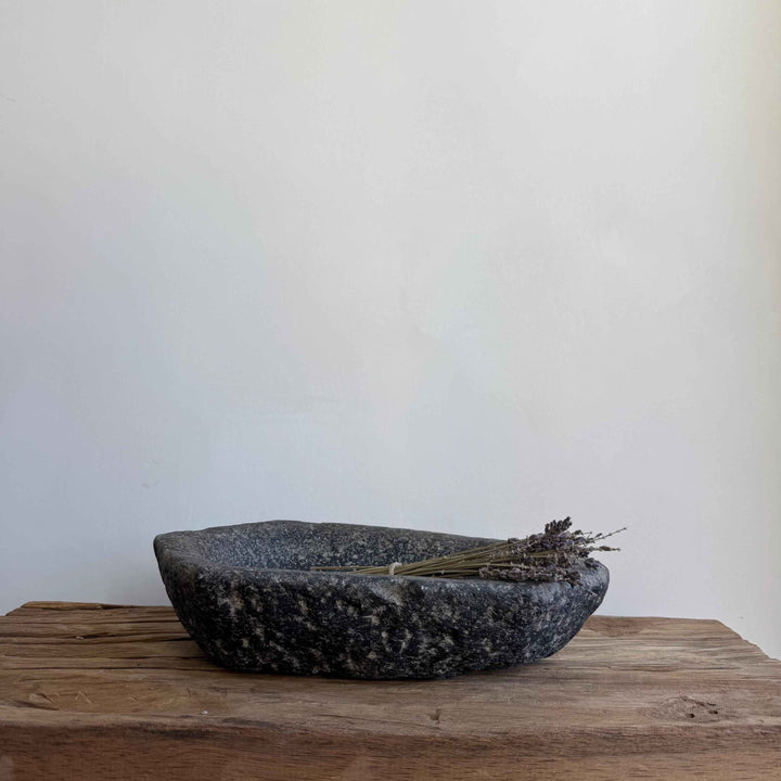 Vintage Marble Kharal 12.5" Stone Tray, Antique Limestone Carved Oval Tray, Primitive Stone Centerpiece