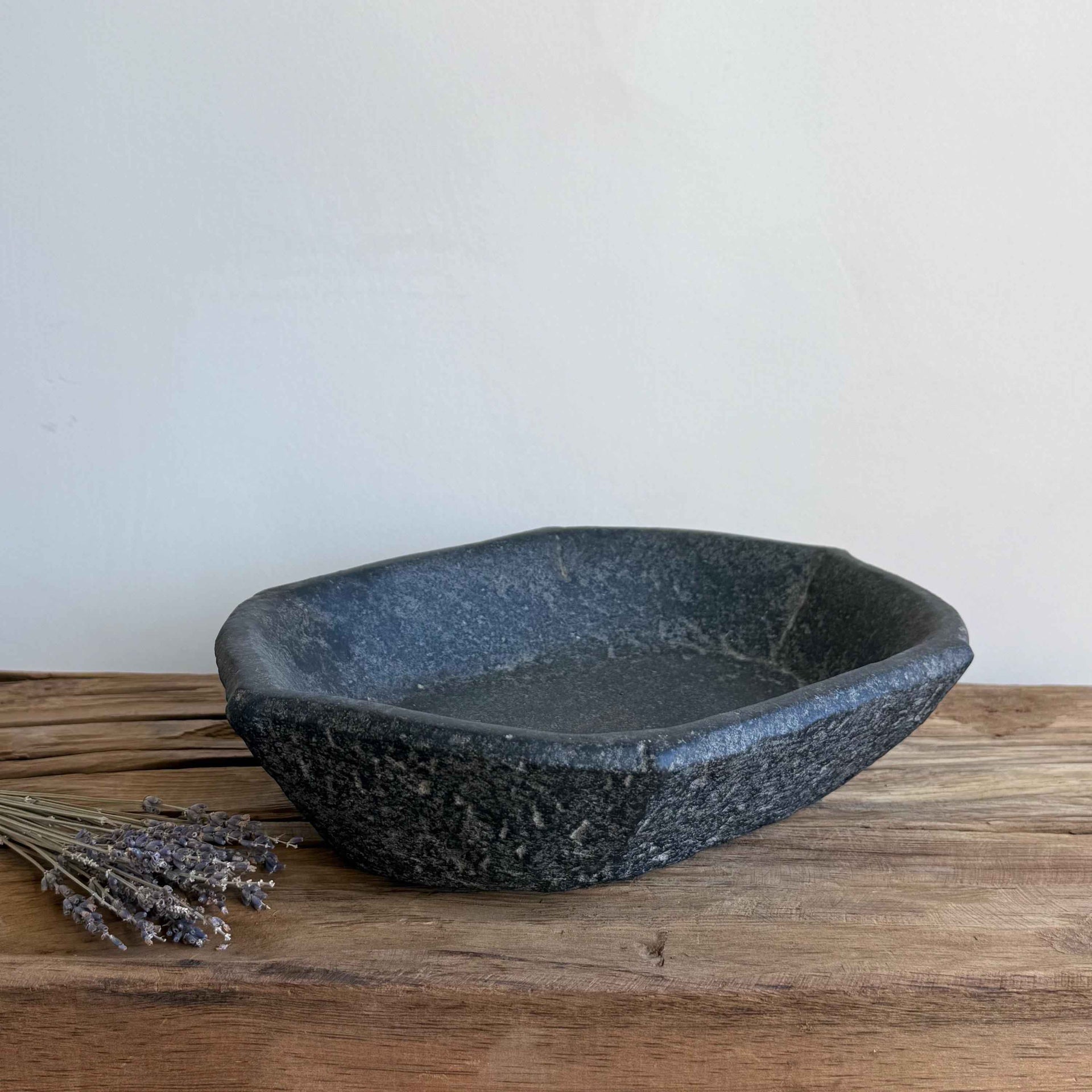 Vintage Marble Kharal 12.5" Stone Tray, Antique Limestone Carved Oval Tray, Primitive Stone Centerpiece