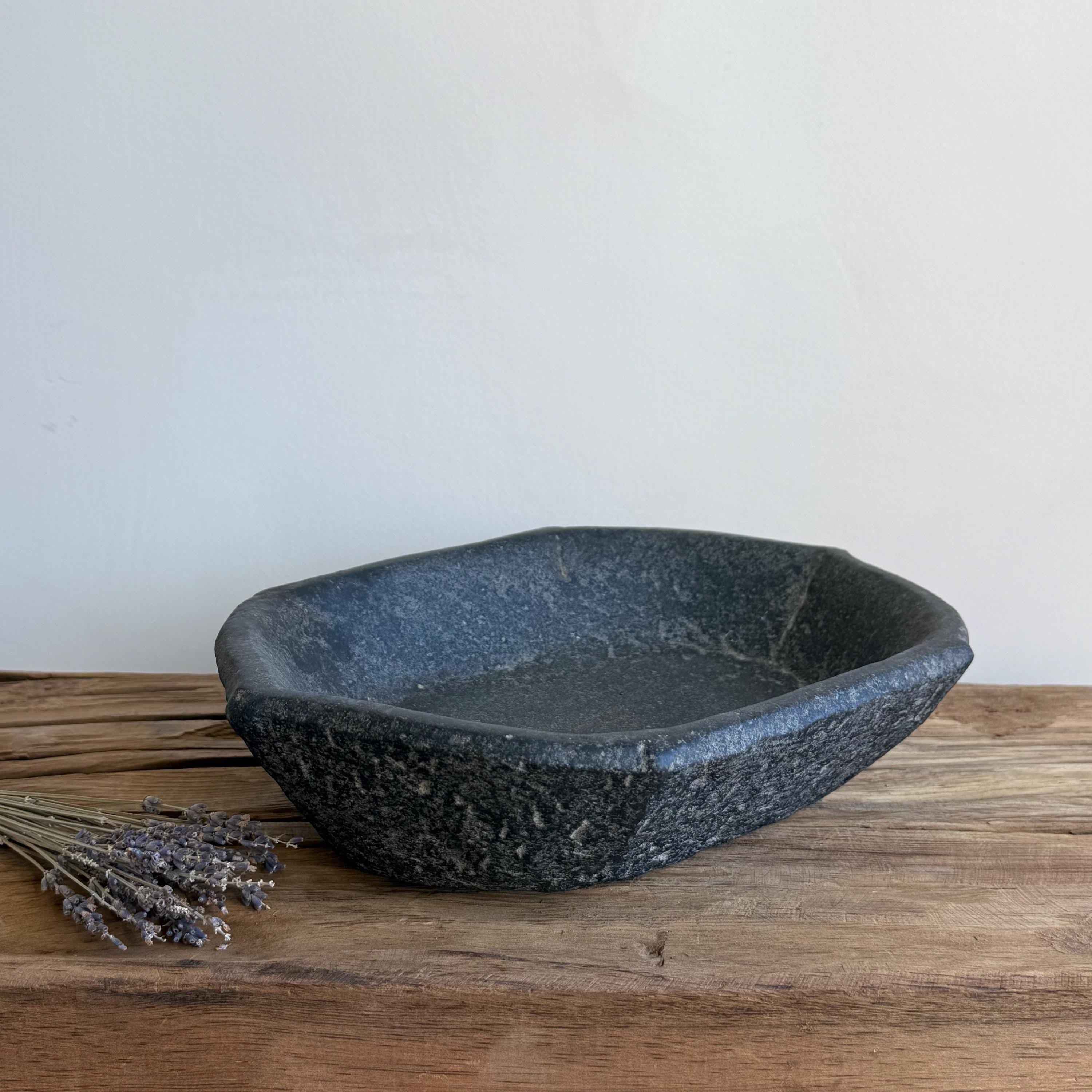 Vintage Marble Kharal 12.5" Stone Tray, Antique Limestone Carved Oval Tray, Primitive Stone Centerpiece