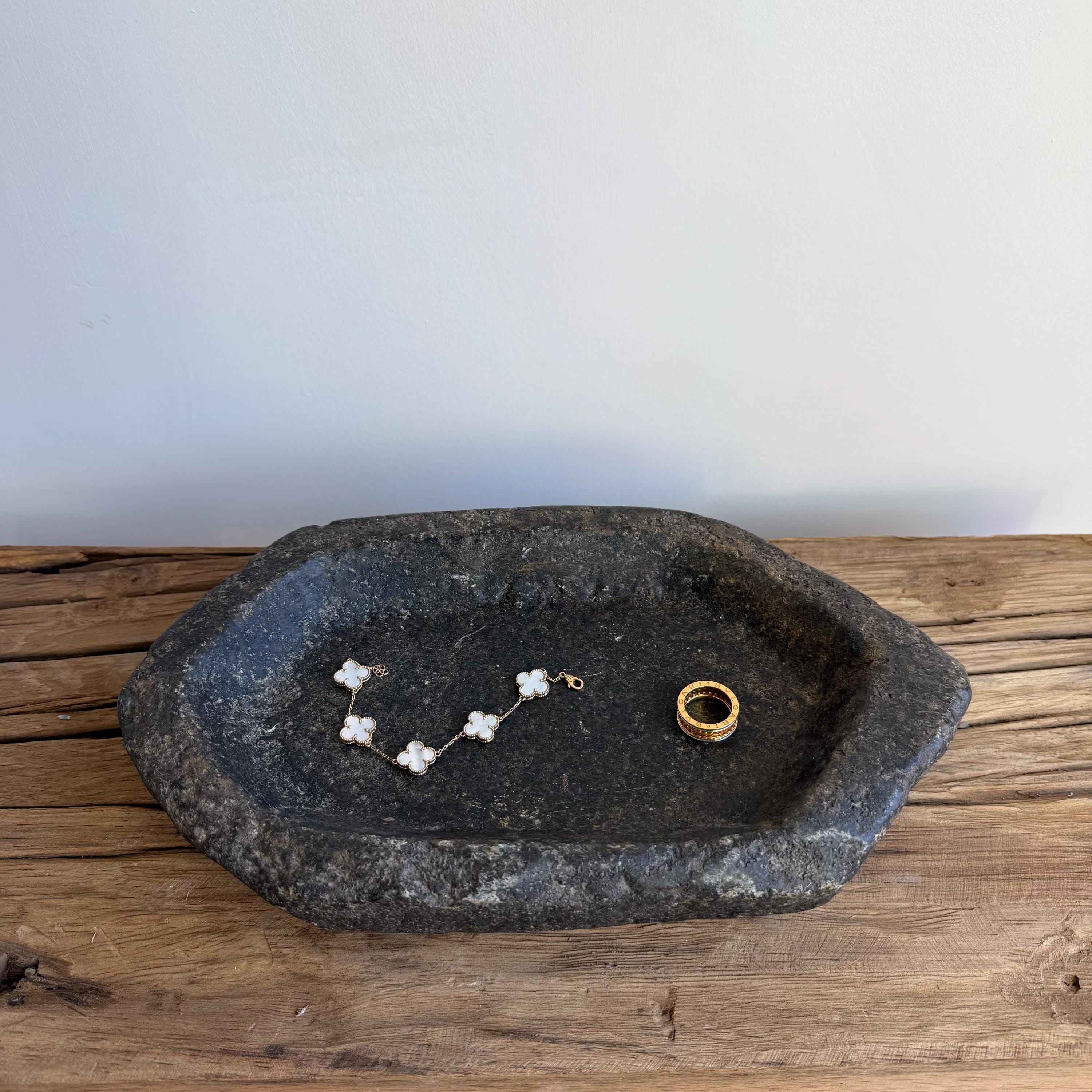 Vintage Marble Kharal 12.5" Stone Tray, Antique Limestone Carved Oval Tray, Primitive Stone Centerpiece