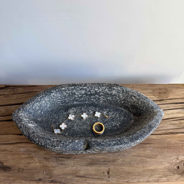 Vintage Marble Kharal 11.5" Stone Tray, Antique Limestone Carved Oval Tray, Primitive Stone Centerpiece