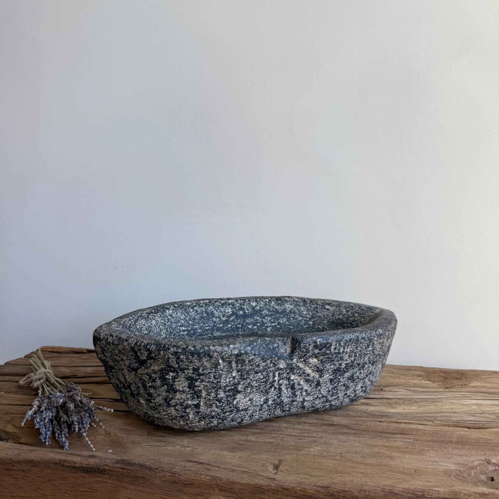 Vintage Marble Kharal 11.5" Stone Tray, Antique Limestone Carved Oval Tray, Primitive Stone Centerpiece