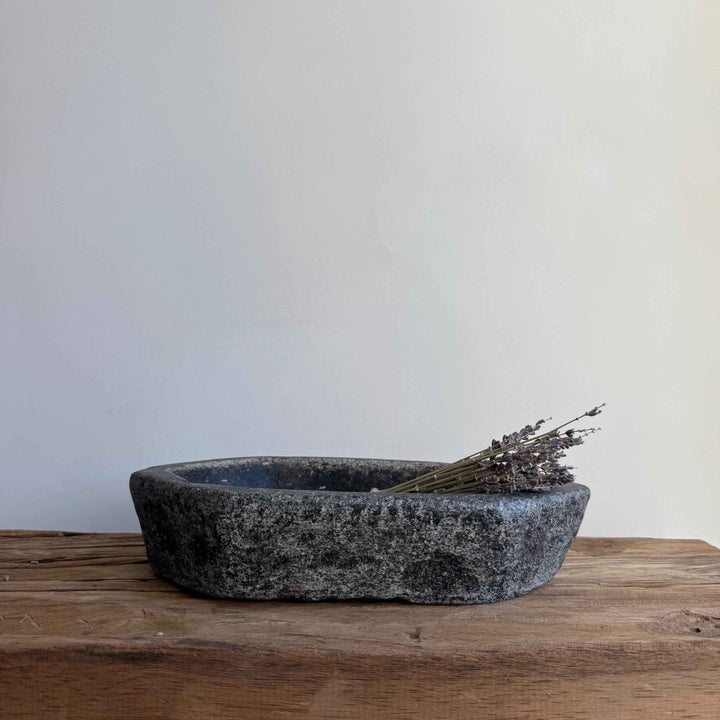 Vintage Marble Kharal 12" Stone Tray, Antique Limestone Carved Oval Tray, Primitive Stone Centerpiece