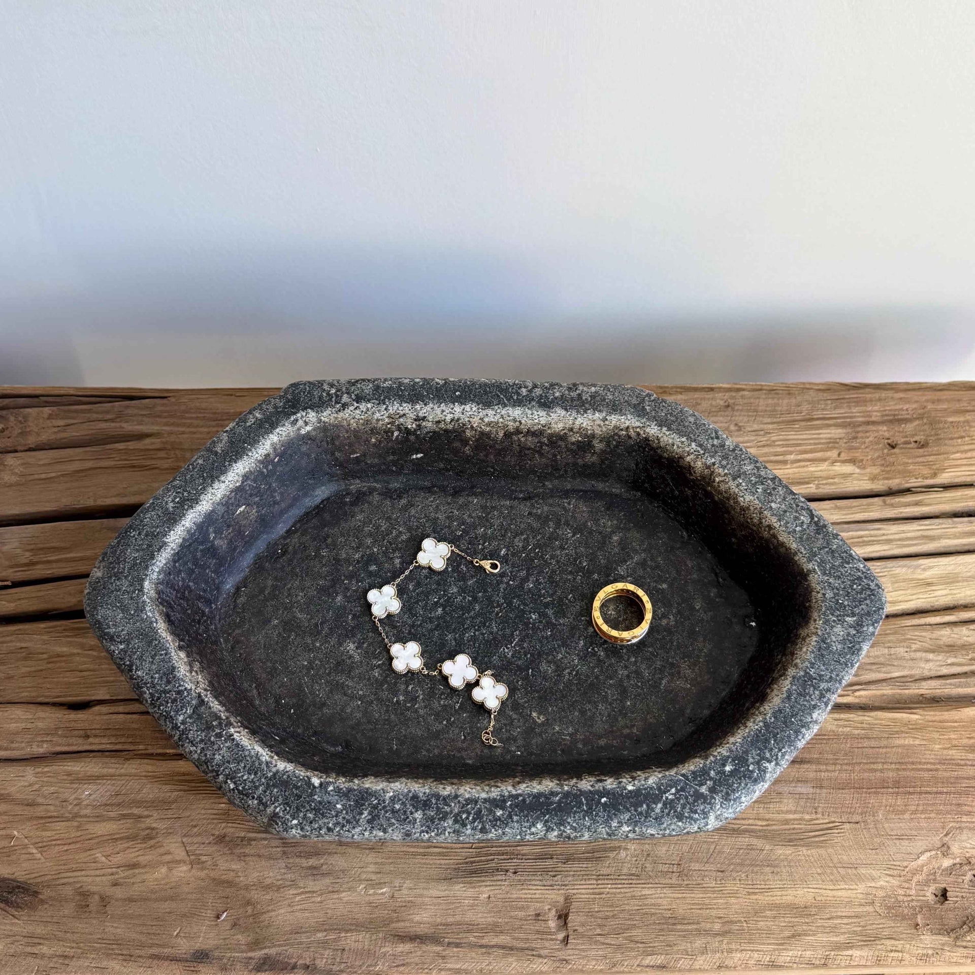 Vintage Marble Kharal 12" Stone Tray, Antique Limestone Carved Oval Tray, Primitive Stone Centerpiece