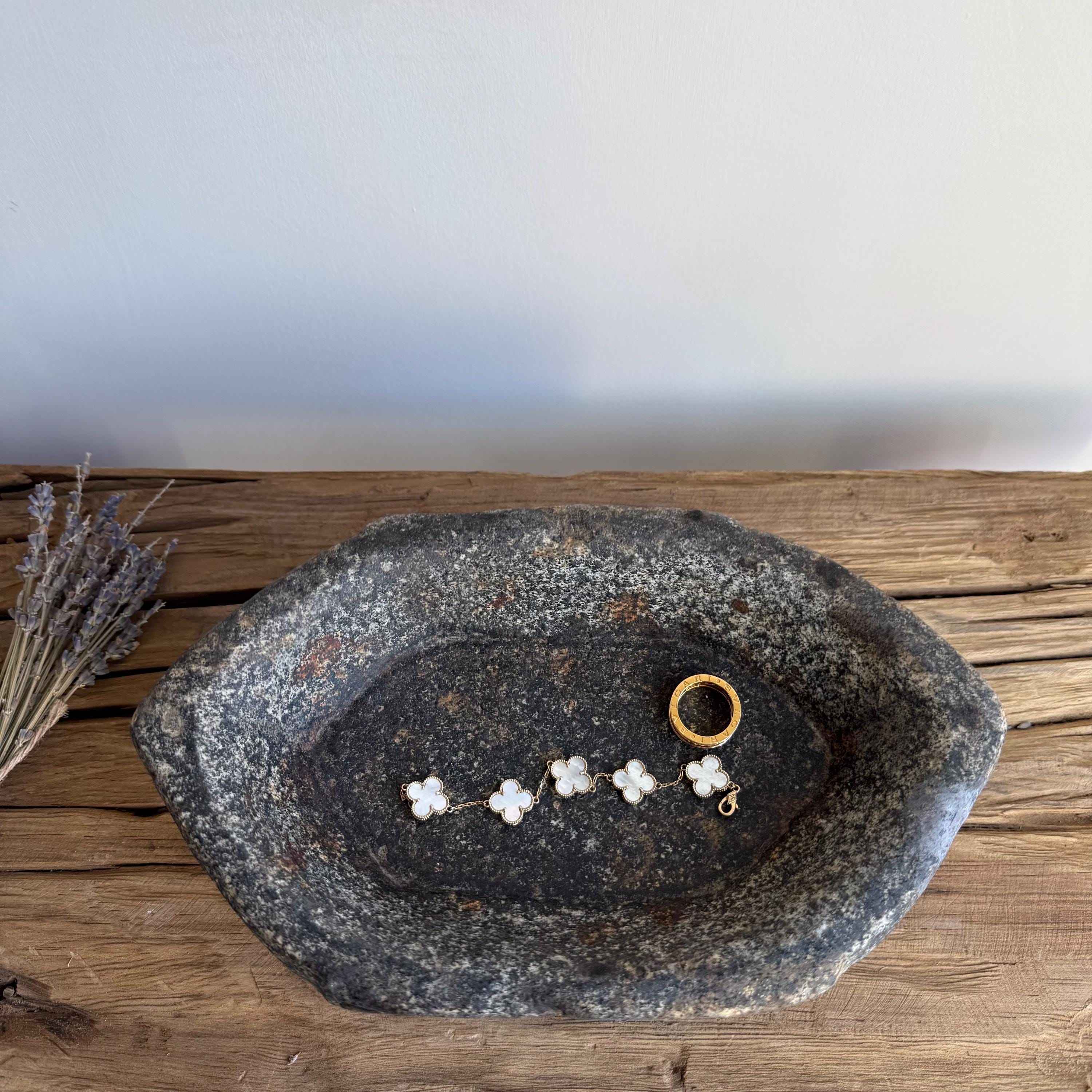 Vintage Marble Kharal 10.5" Stone Tray, Antique Limestone Carved Oval Tray, Primitive Stone Centerpiece