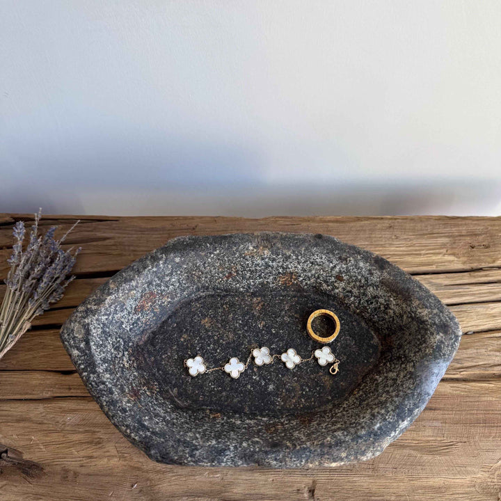 Vintage Marble Kharal 10.5" Stone Tray, Antique Limestone Carved Oval Tray, Primitive Stone Centerpiece