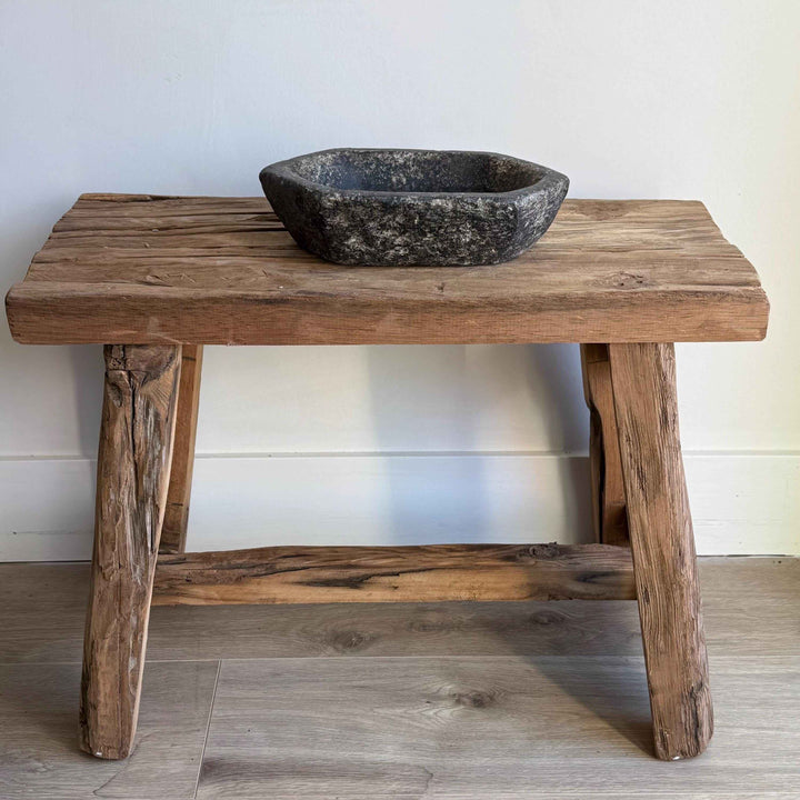 Vintage Marble Kharal 10.5" Stone Tray, Antique Limestone Carved Oval Tray, Primitive Stone Centerpiece