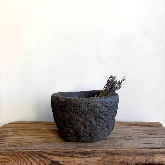 Antique Heavy Stone Mortar Planter | Vintage Hand-Carved Limestone Bowl