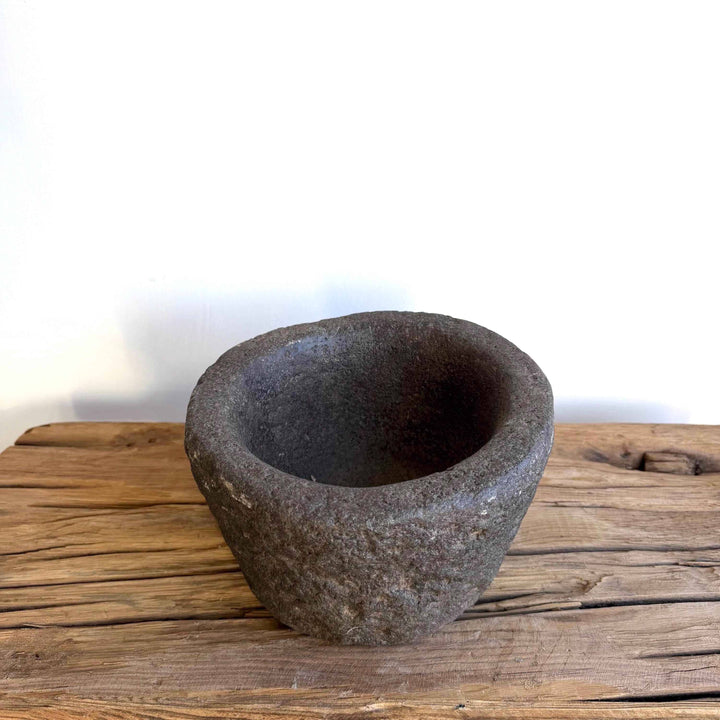 Antique Heavy Stone Mortar Planter | Vintage Hand-Carved Limestone Bowl