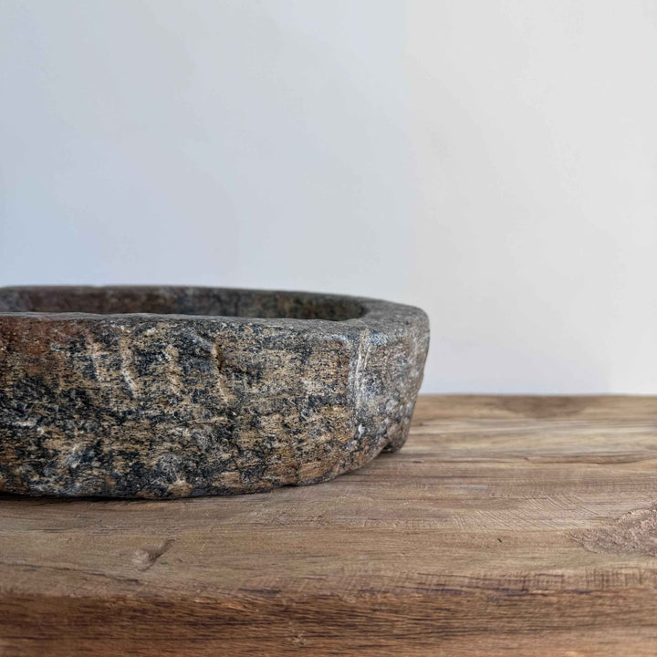 Vintage Marble Kharal 9.5" Stone Tray, Antique Limestone Carved Oval Tray, Primitive Stone Centerpiece