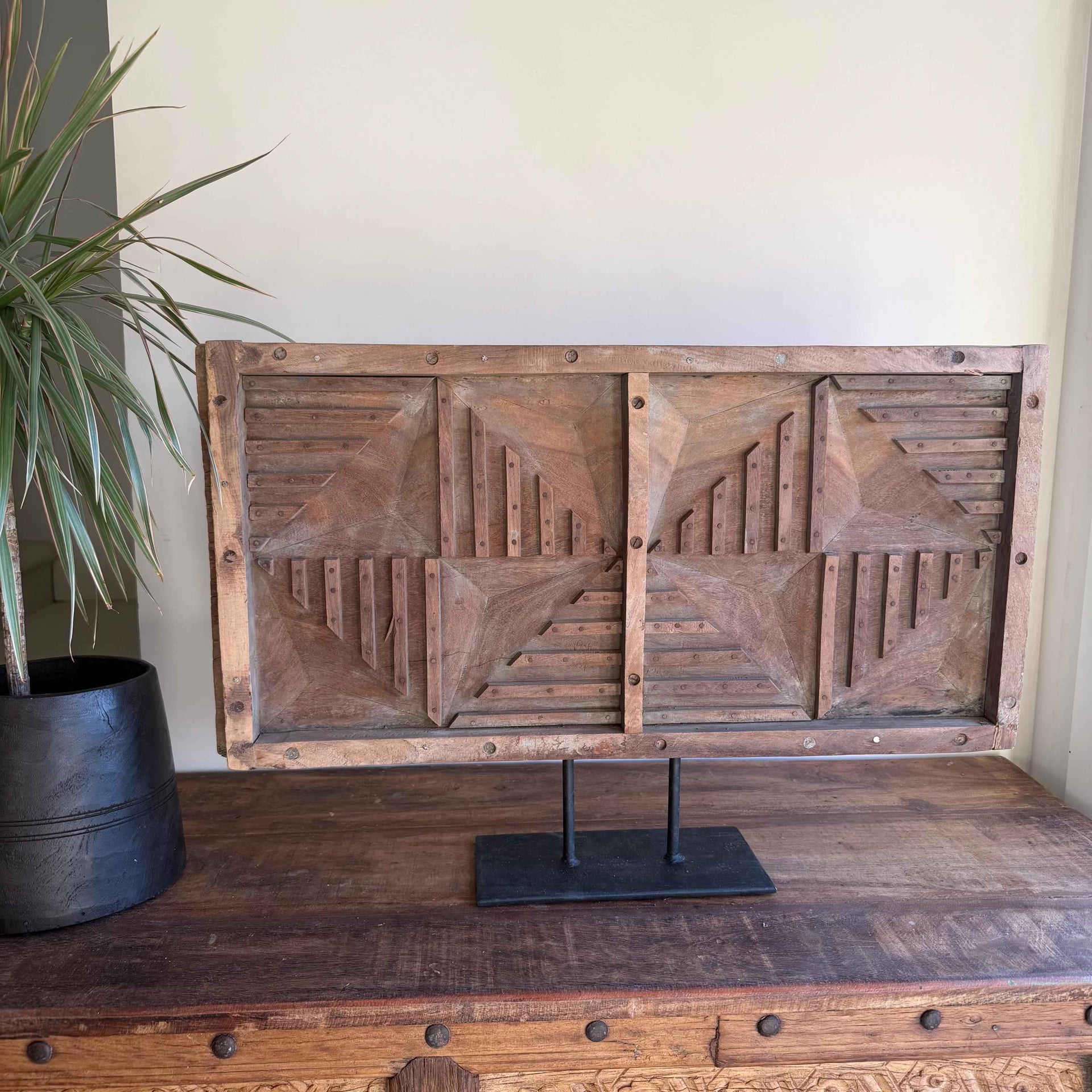 Antique Cement Mold 27" with Stand, Vintage Wooden Concrete Mold, Console Decor