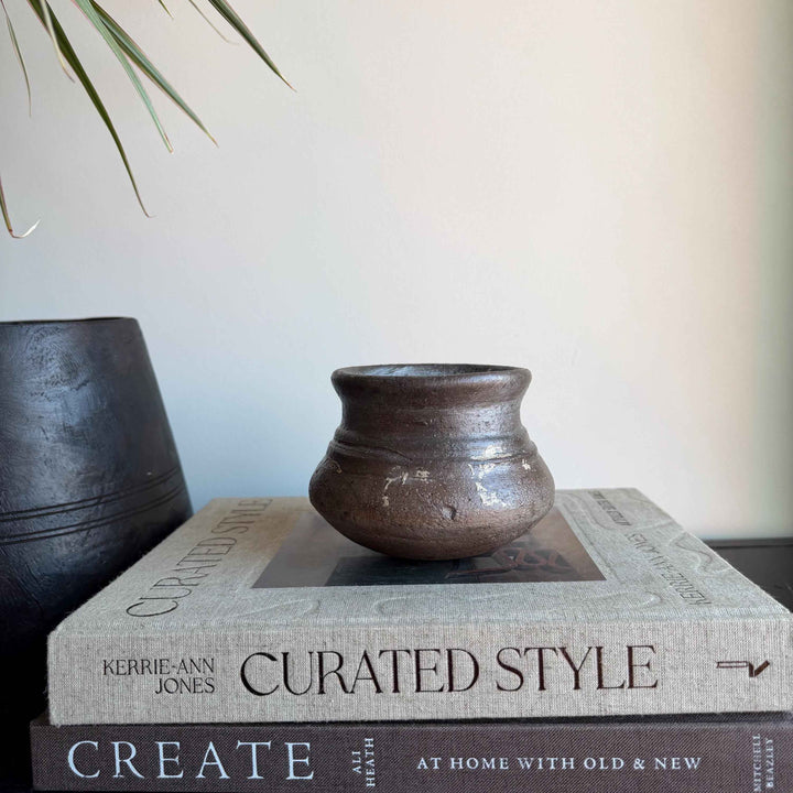 Small Vintage Clay Pot Vessel with Iron Stand |  Rustic Terracotta Mini Planter