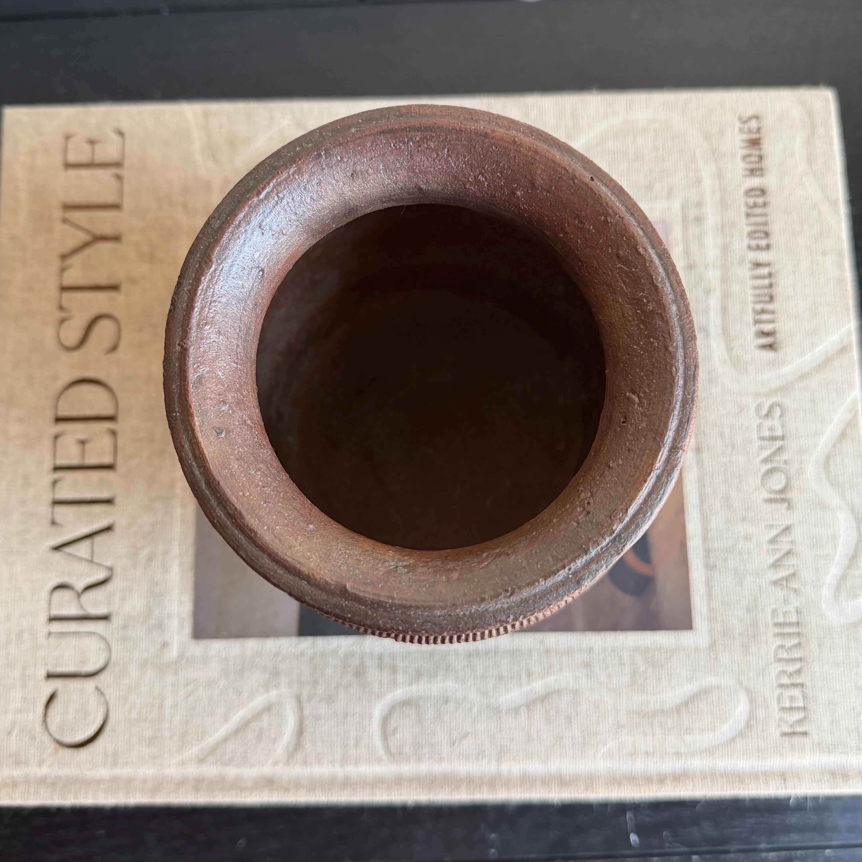 Small Vintage Clay Pot Vessel with Iron Stand |  Rustic Terracotta Mini Planter