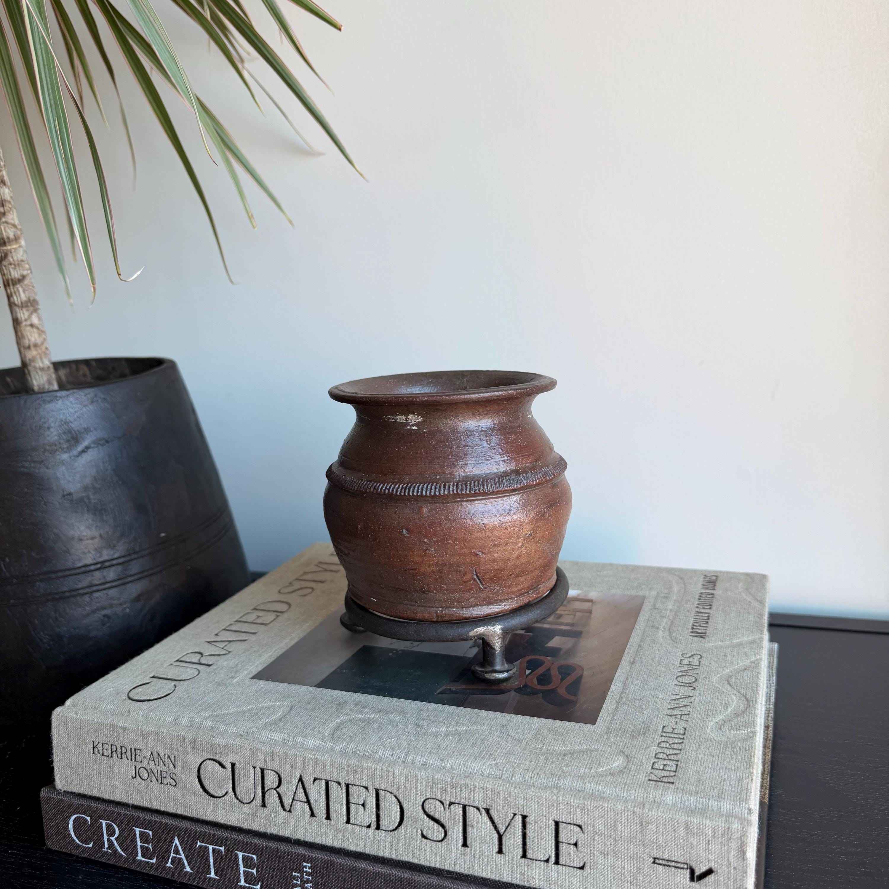 Small Vintage Clay Pot Vessel with Iron Stand |  Rustic Terracotta Mini Planter
