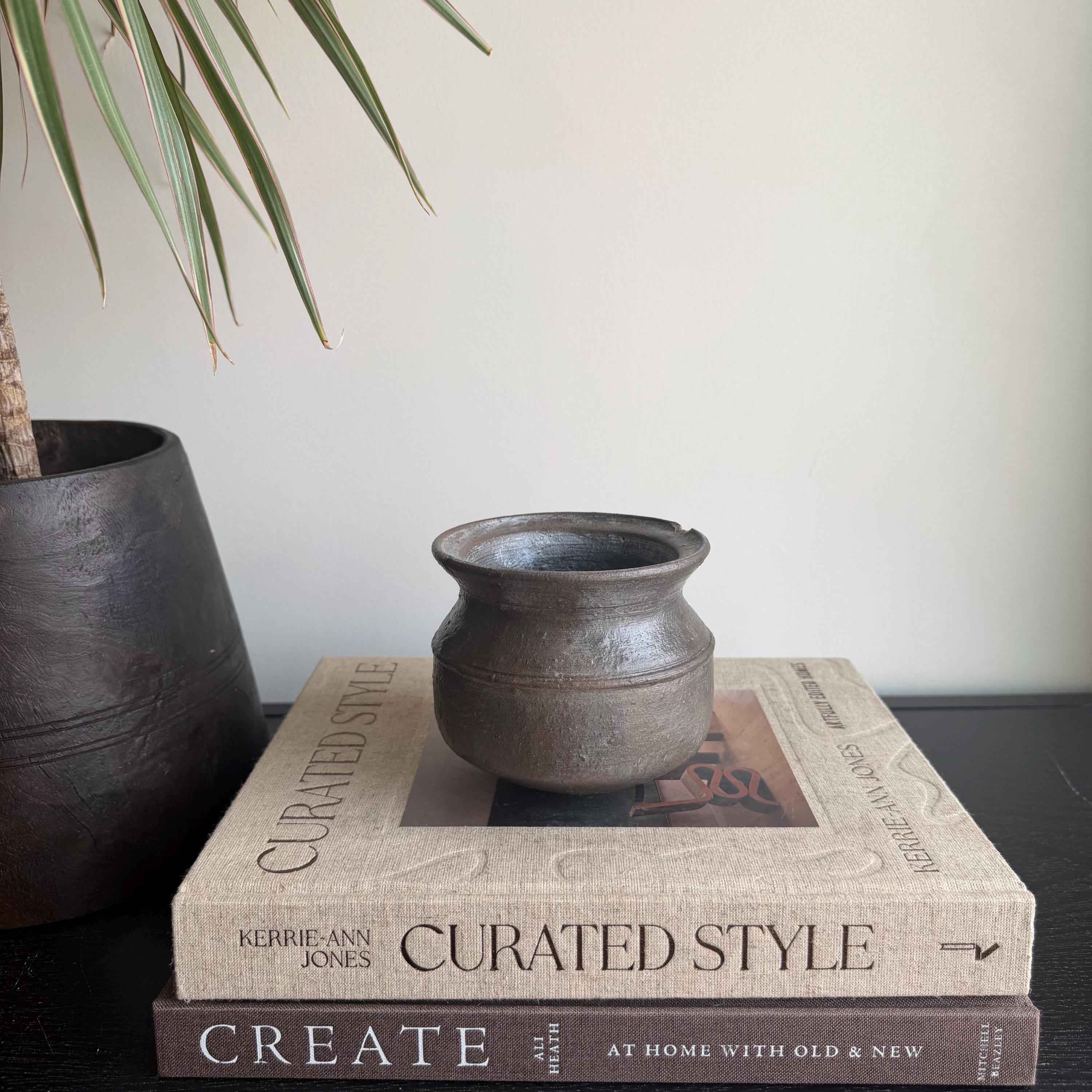 Small Vintage Clay Pot Vessel with Iron Stand |  Rustic Terracotta Mini Planter