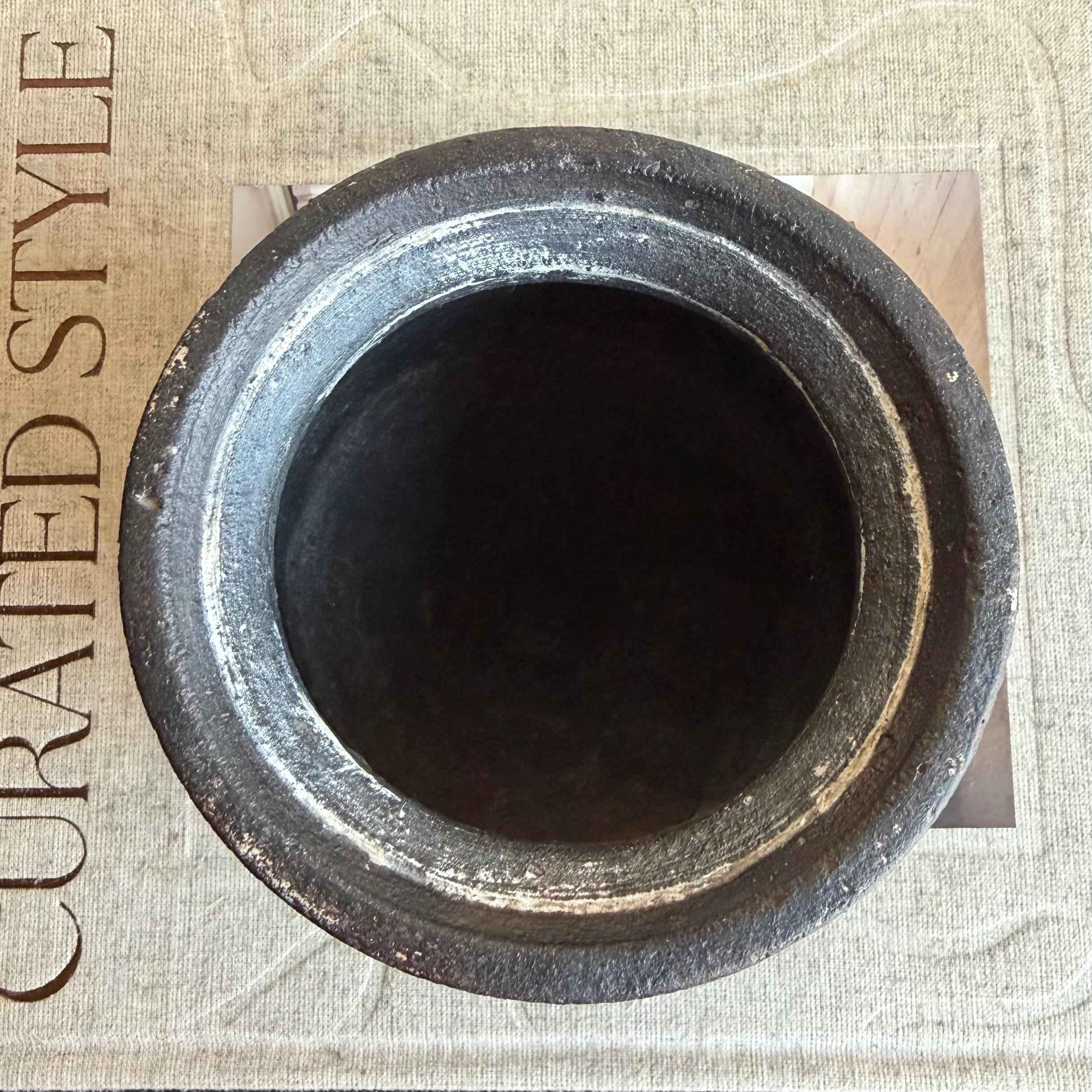 Small Vintage Clay Pot Vessel with Iron Stand |  Rustic Terracotta Mini Planter