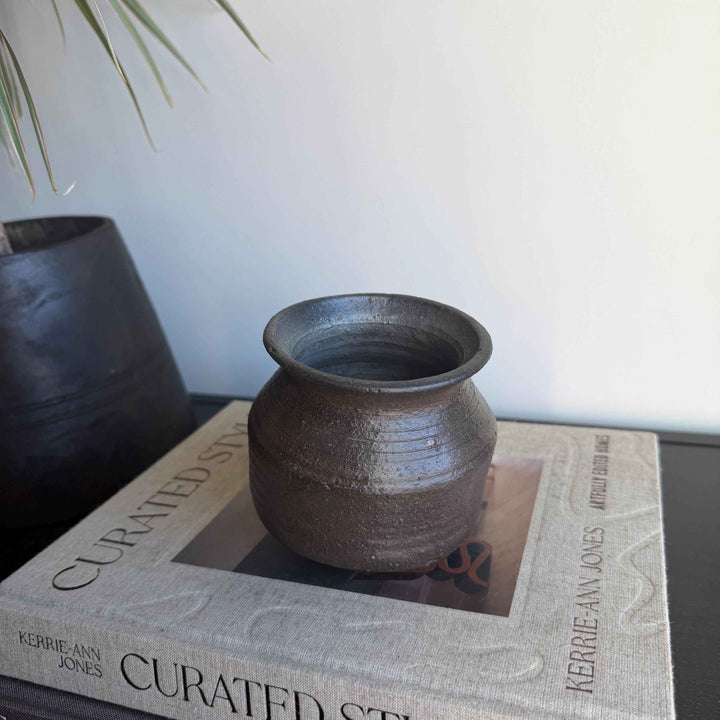 Small Vintage Clay Pot Vessel with Iron Stand |  Rustic Terracotta Mini Planter