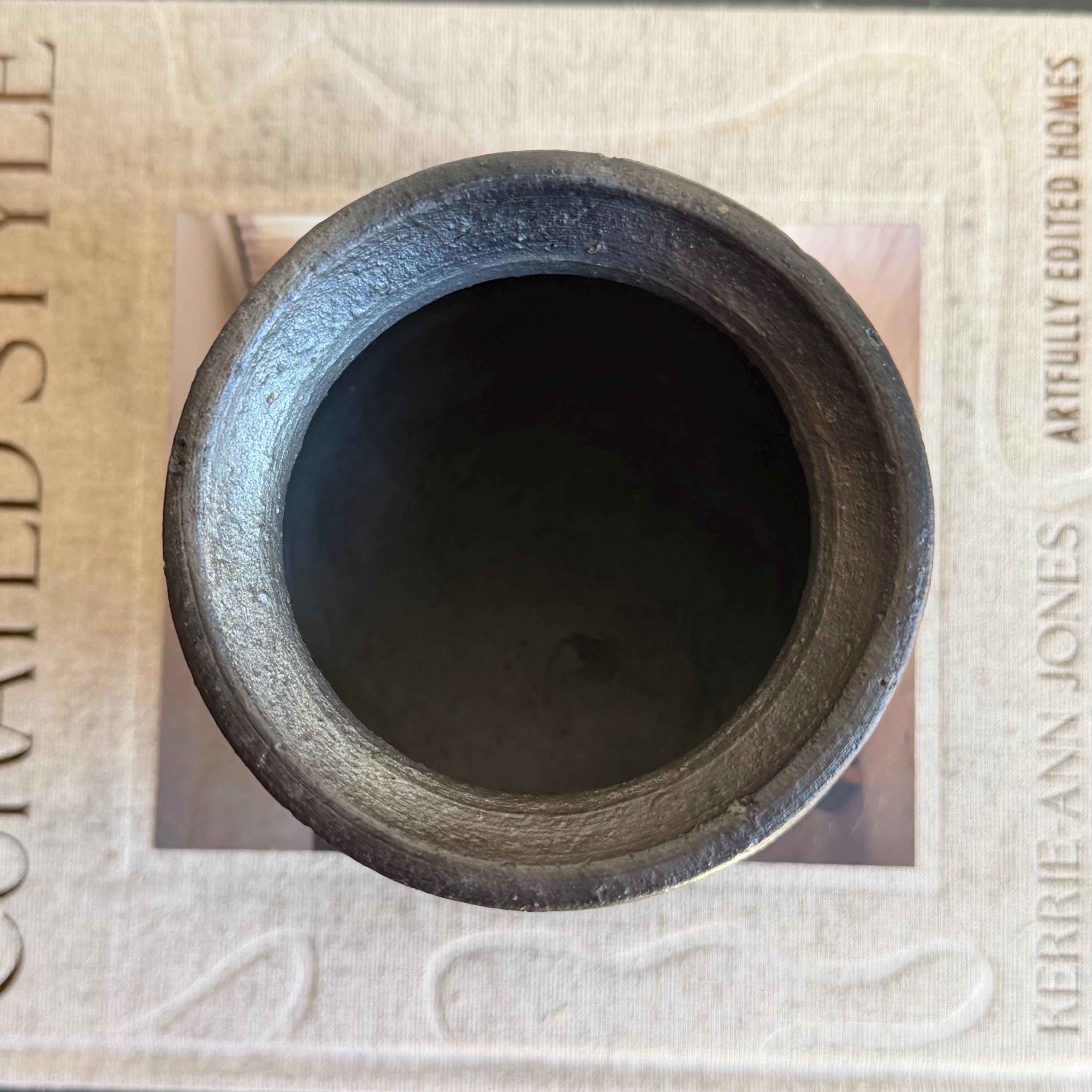 Small Vintage Clay Pot Vessel with Iron Stand |  Rustic Terracotta Mini Planter