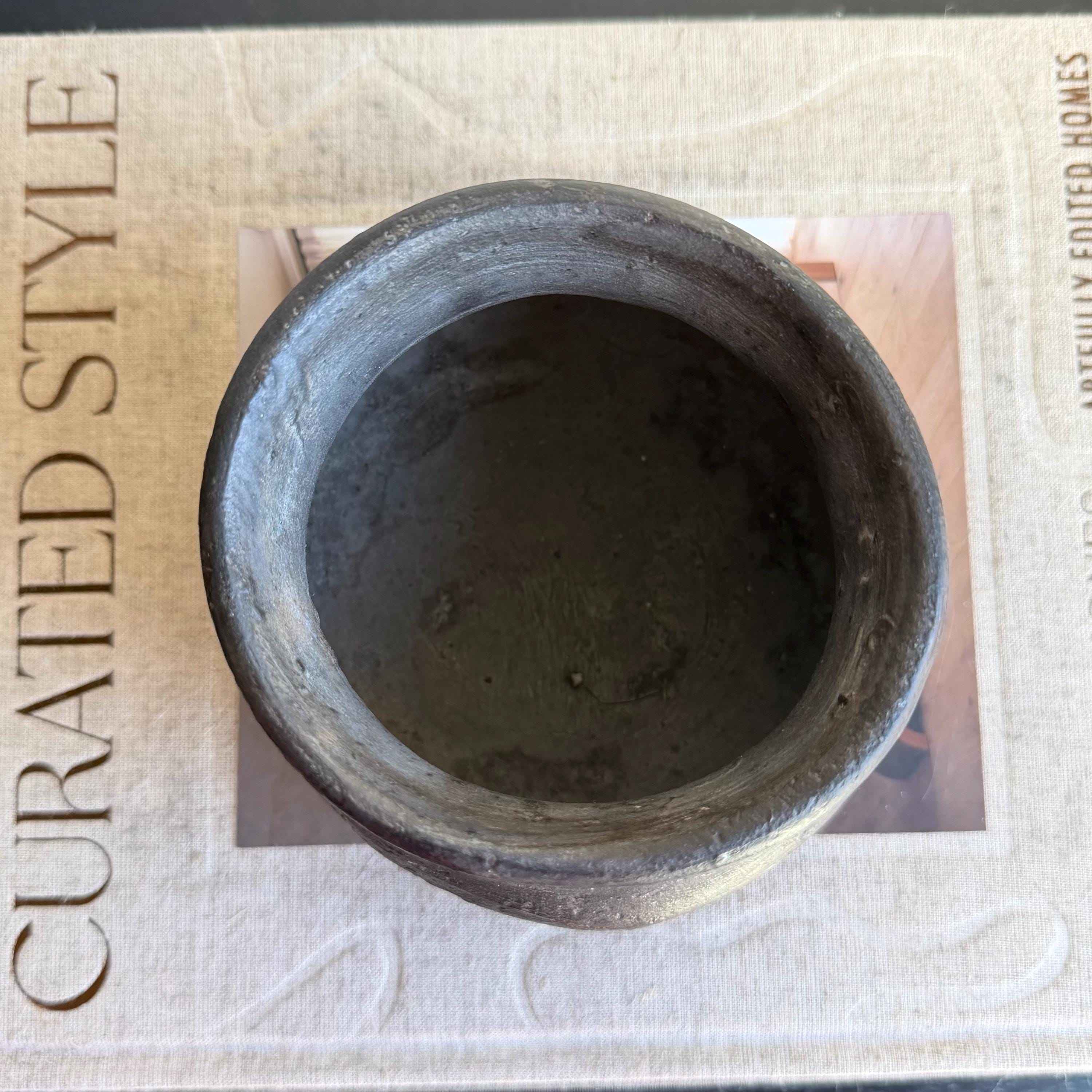 Small Vintage Clay Pot Vessel with Iron Stand |  Rustic Terracotta Mini Planter