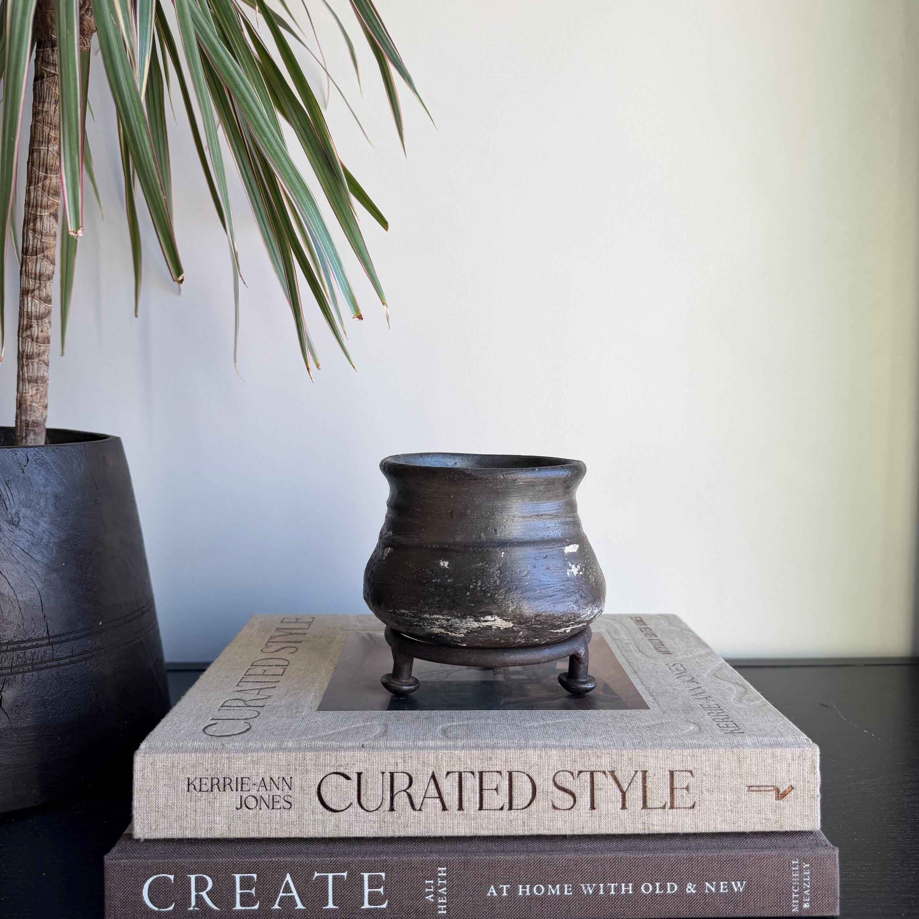 Small Vintage Clay Pot Vessel with Iron Stand |  Rustic Terracotta Mini Planter