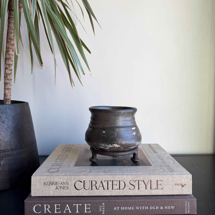 Small Vintage Clay Pot Vessel with Iron Stand |  Rustic Terracotta Mini Planter