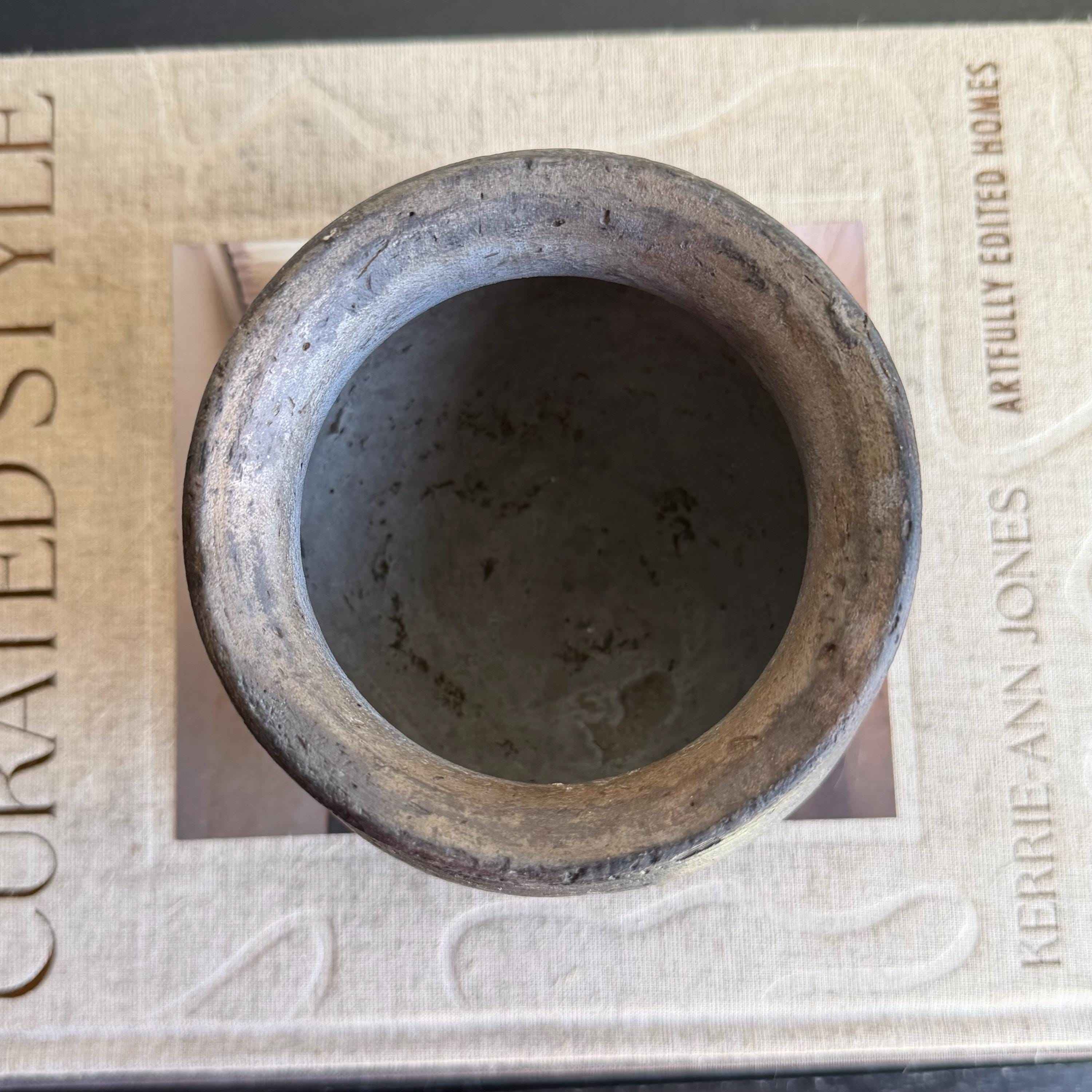 Small Vintage Clay Pot Vessel with Iron Stand |  Rustic Terracotta Mini Planter