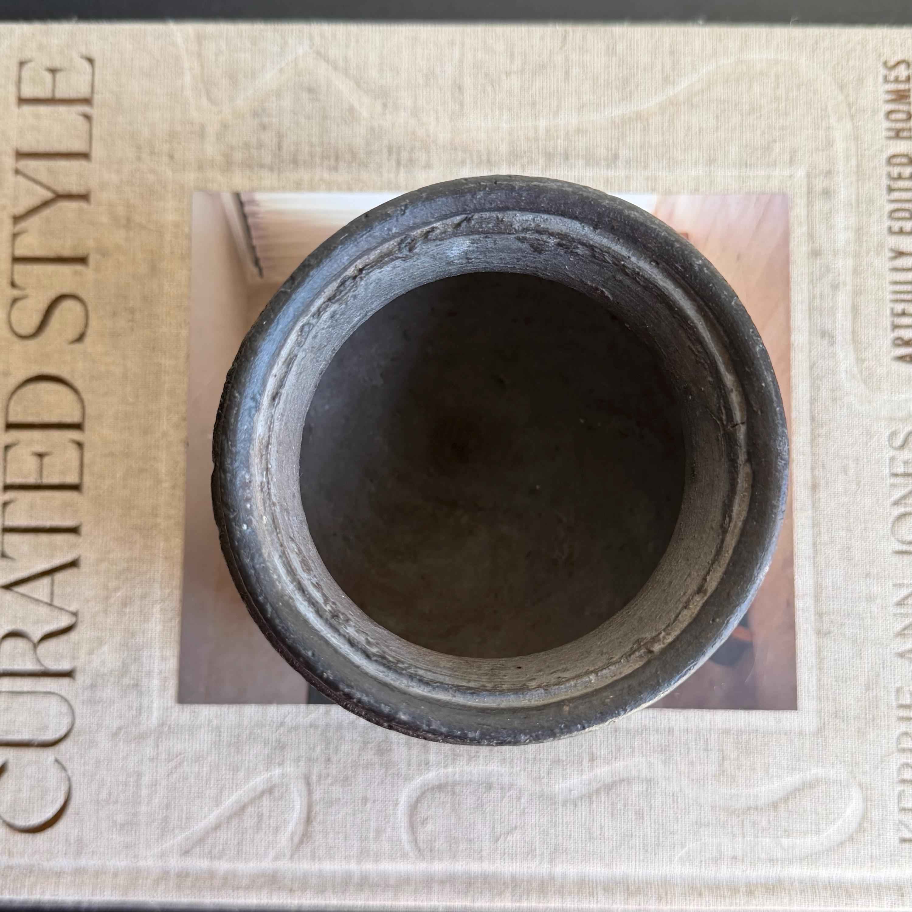 Small Vintage Clay Pot Vessel with Iron Stand |  Rustic Terracotta Mini Planter