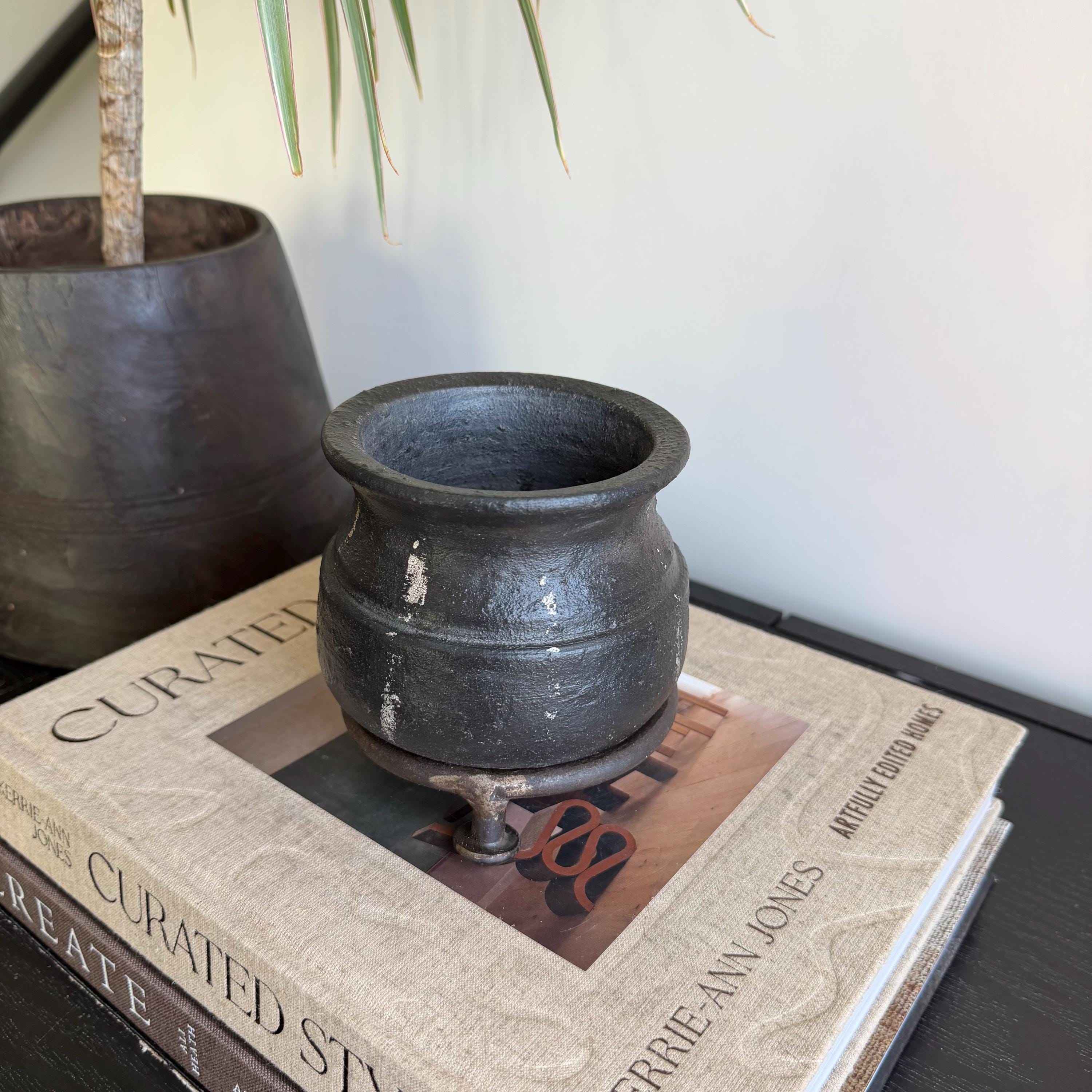 Small Vintage Clay Pot Vessel with Iron Stand |  Rustic Terracotta Mini Planter