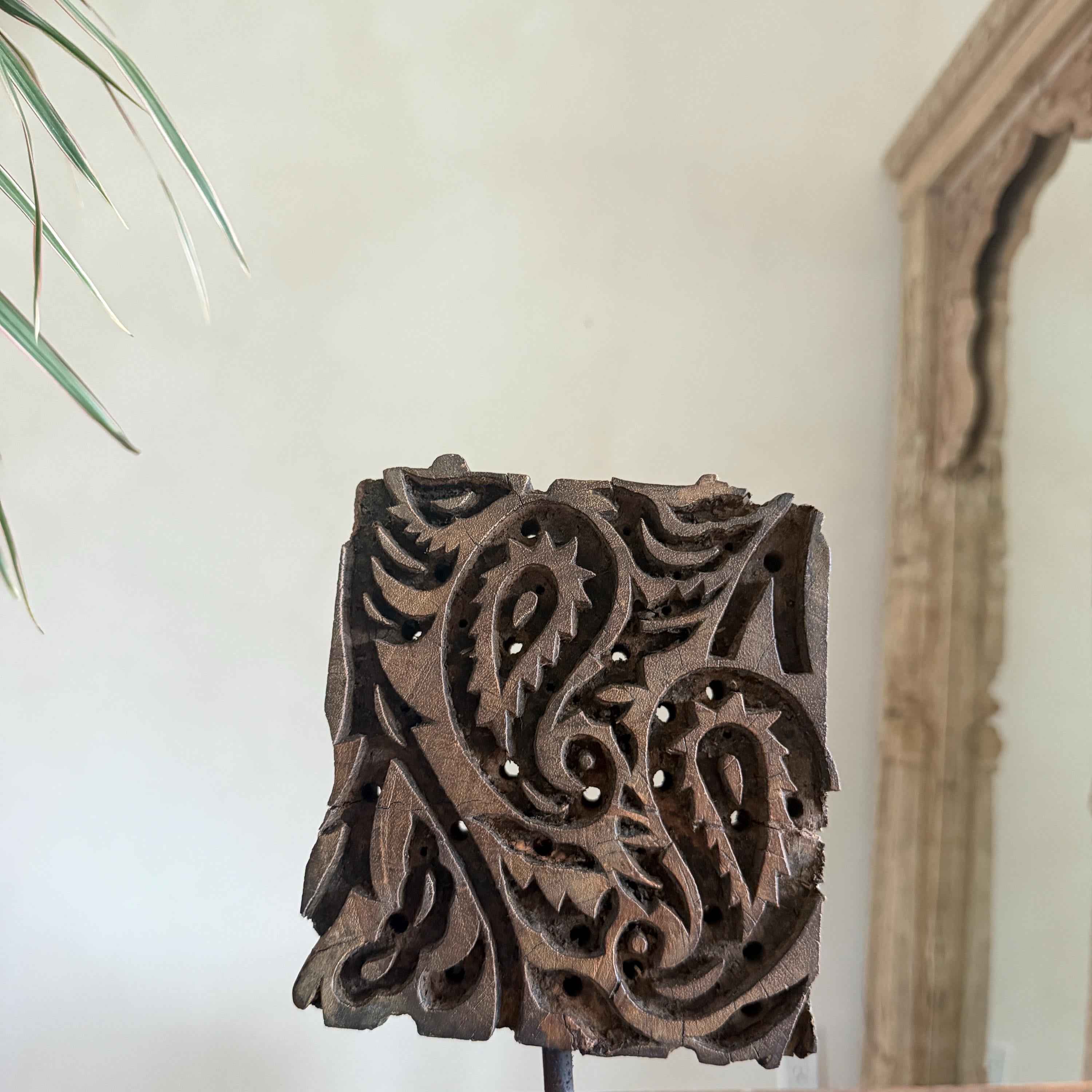 Vintage Wooden Printing Stamp on Iron Stand, Fabric/Textile Print Tool