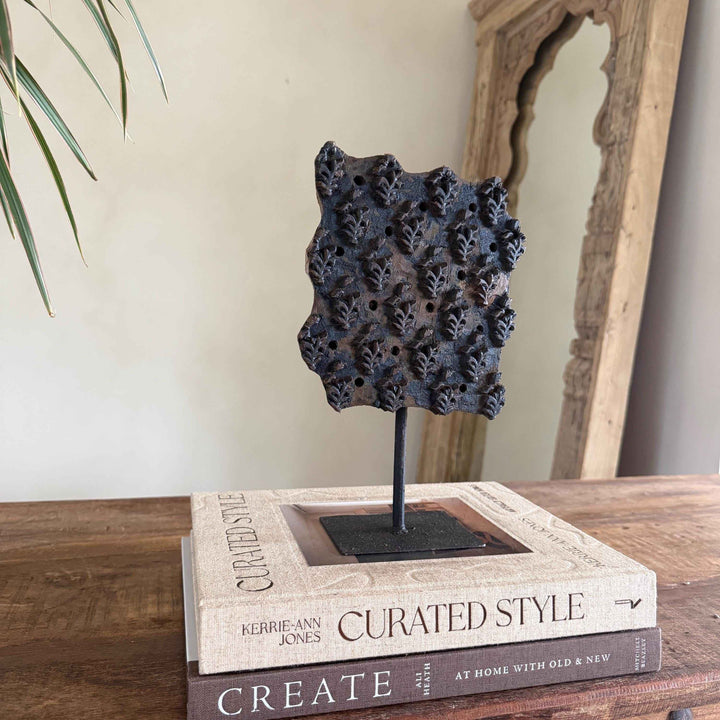 Vintage Wooden Printing Stamp on Iron Stand, Fabric/Textile Print Tool