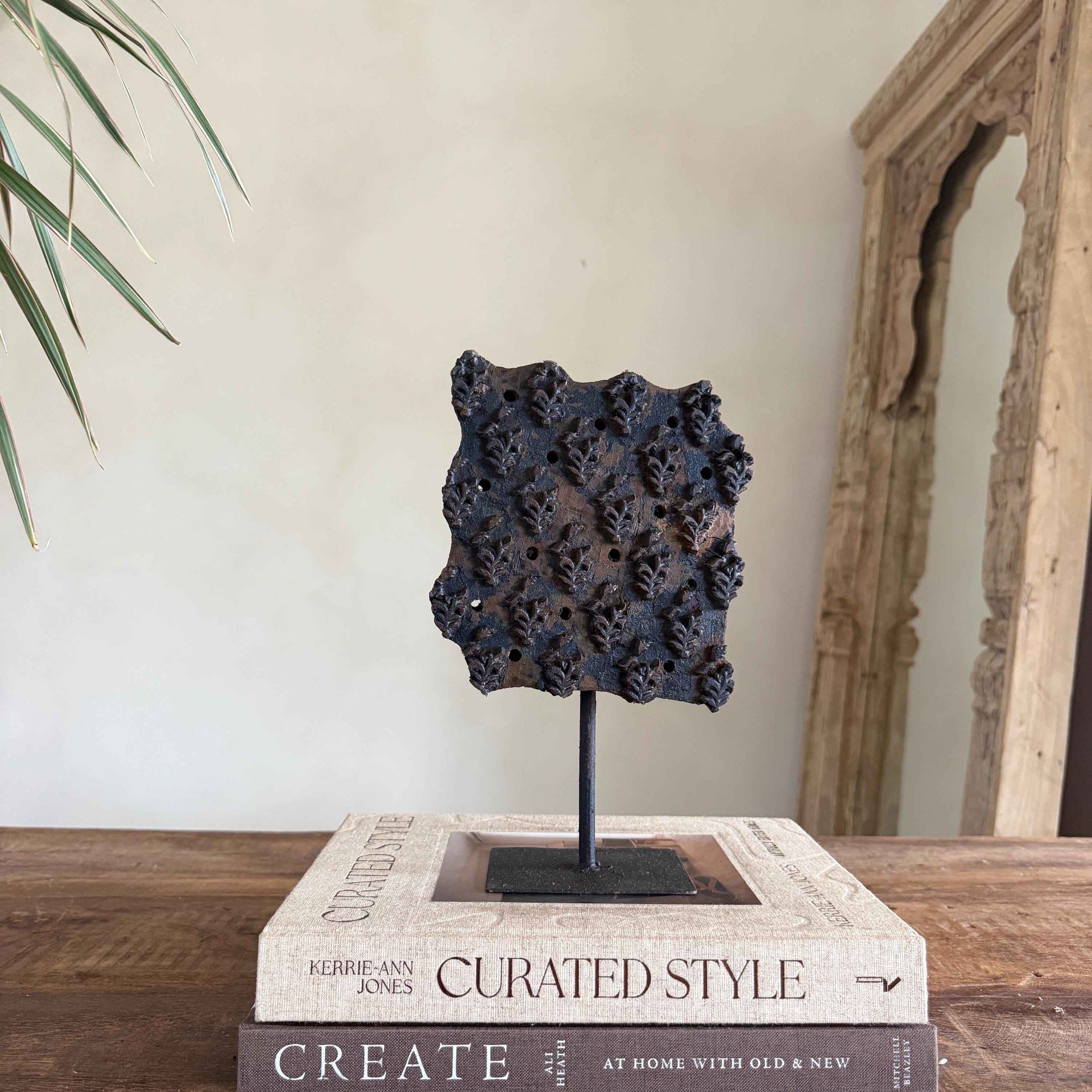 Vintage Wooden Printing Stamp on Iron Stand, Fabric/Textile Print Tool