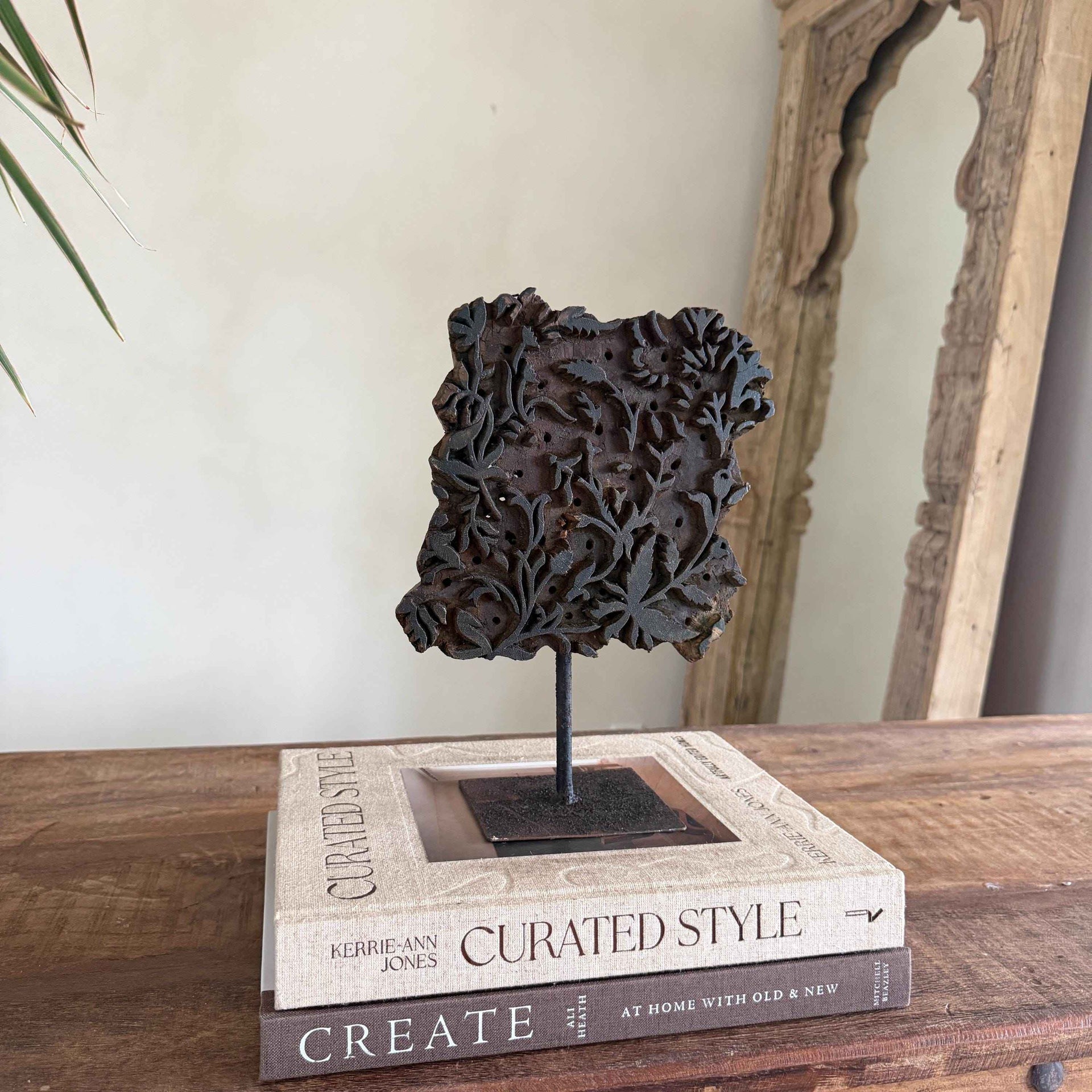 Vintage Wooden Printing Stamp on Iron Stand, Fabric/Textile Print Tool