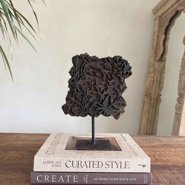 Vintage Wooden Printing Stamp on Iron Stand, Fabric/Textile Print Tool