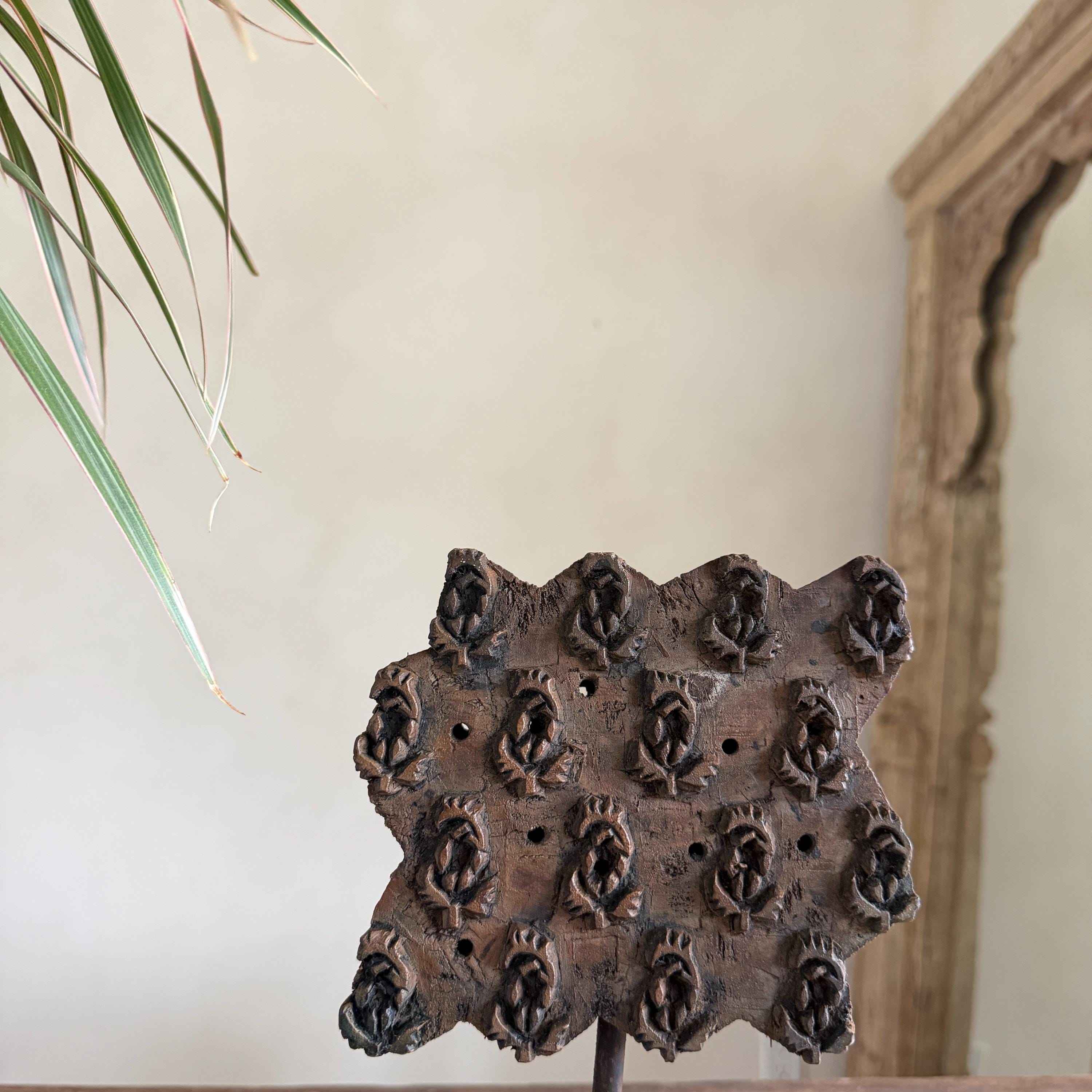 Vintage Teak Wood Textile Block Stamp on Stand