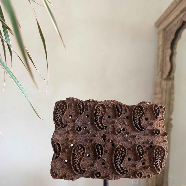 Vintage Wooden Printing Stamp on Iron Stand, Fabric/Textile Print Tool