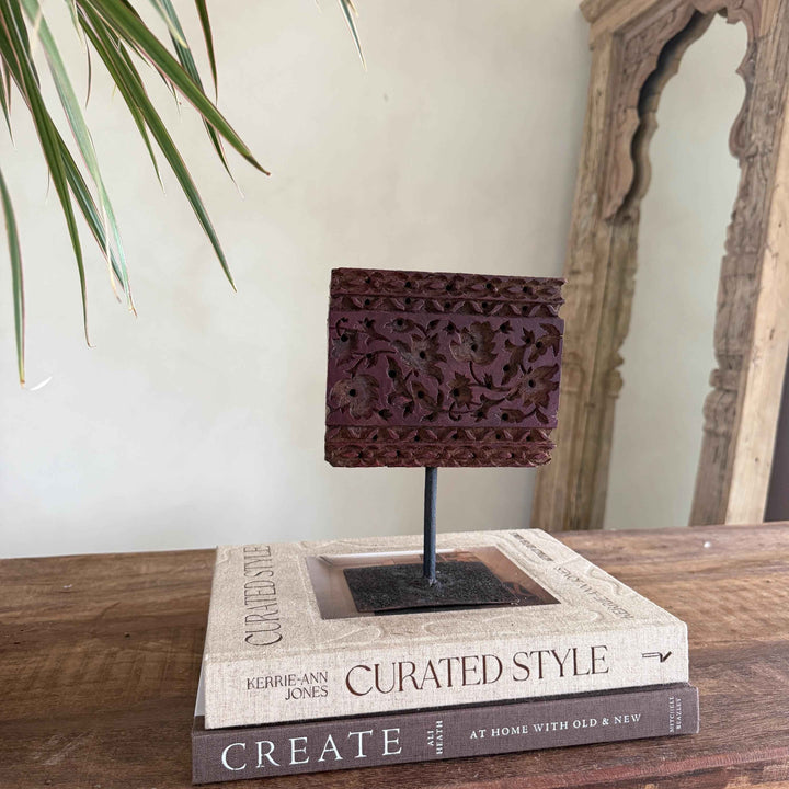 Vintage Wooden Printing Stamp on Iron Stand, Fabric/Textile Print Tool