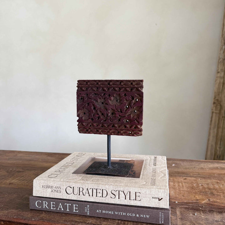 Vintage Wooden Printing Stamp on Iron Stand, Fabric/Textile Print Tool