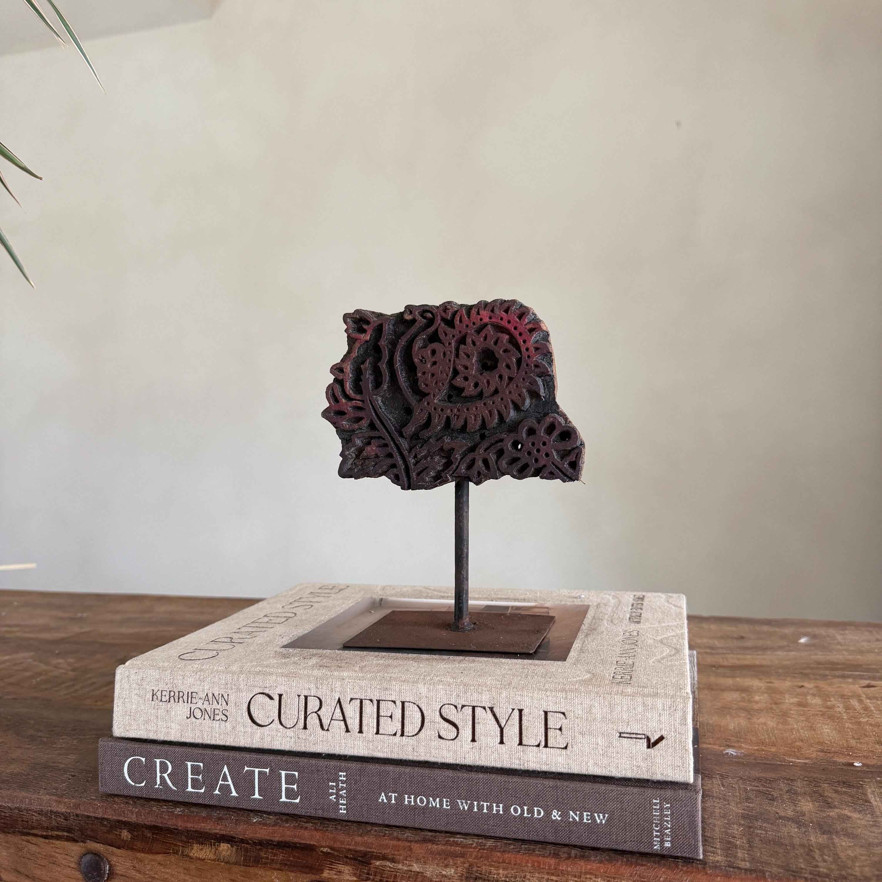 Vintage Wooden Printing Stamp on Iron Stand, Fabric/Textile Print Tool