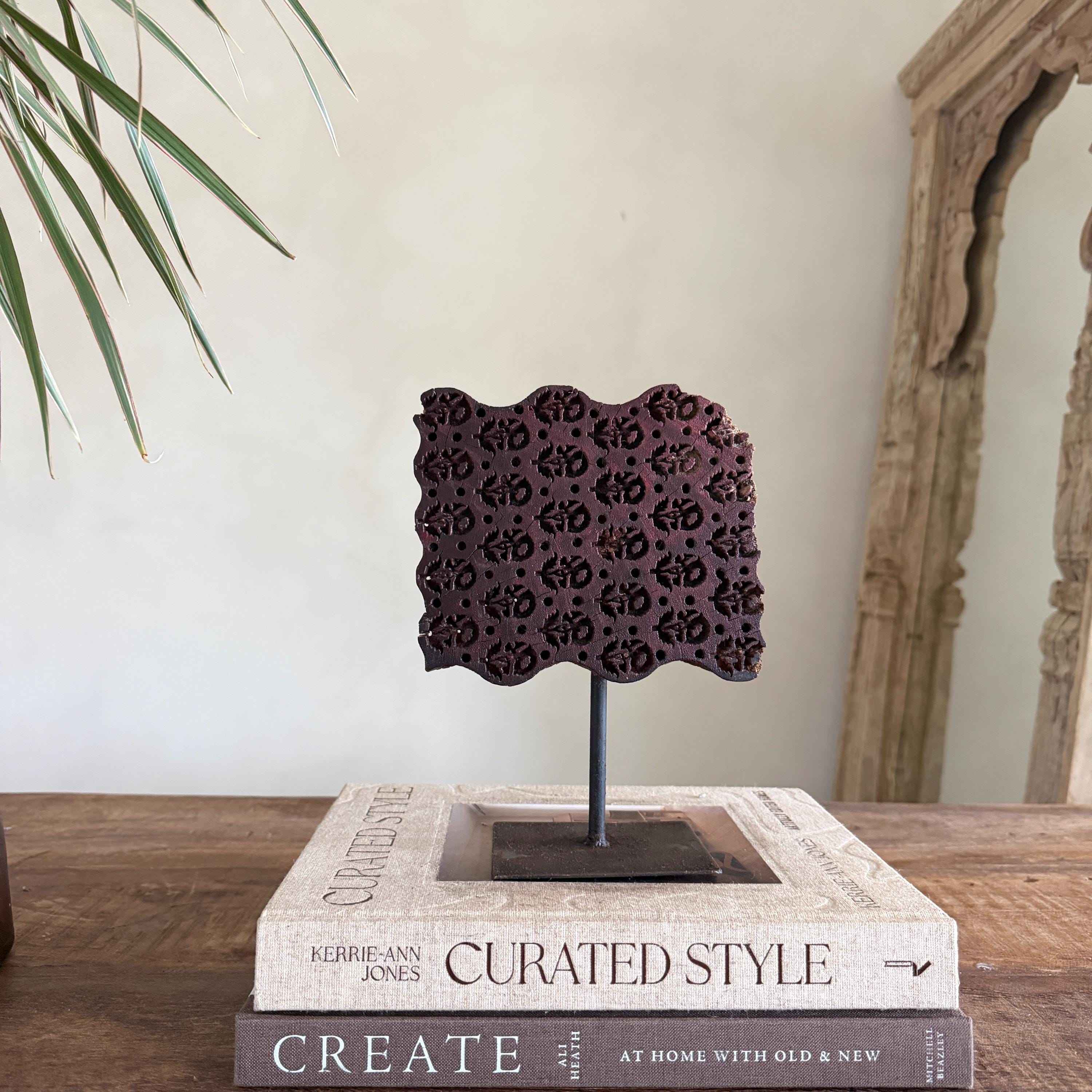 Vintage Wooden Printing Stamp on Iron Stand, Fabric/Textile Print Tool