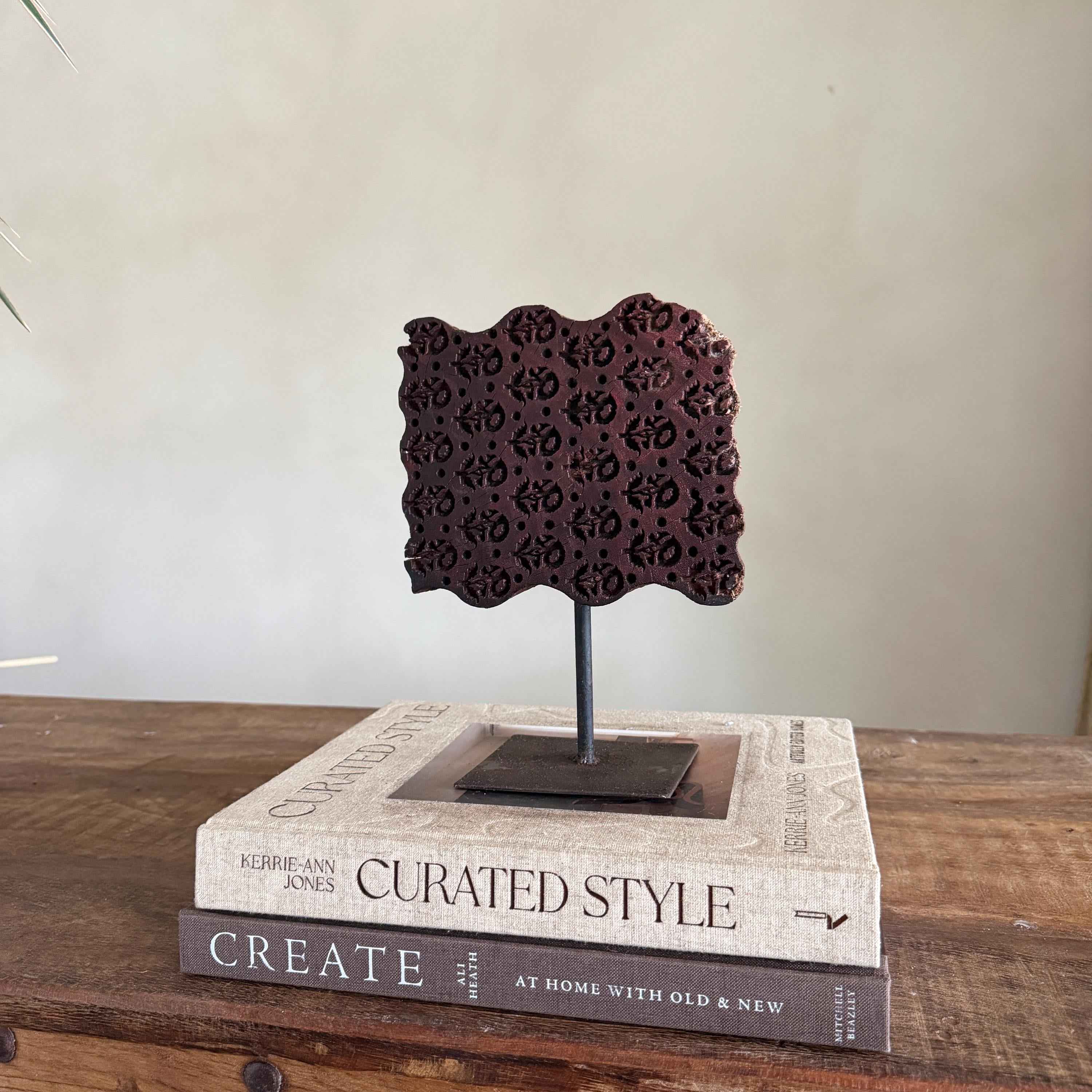 Vintage Wooden Printing Stamp on Iron Stand, Fabric/Textile Print Tool