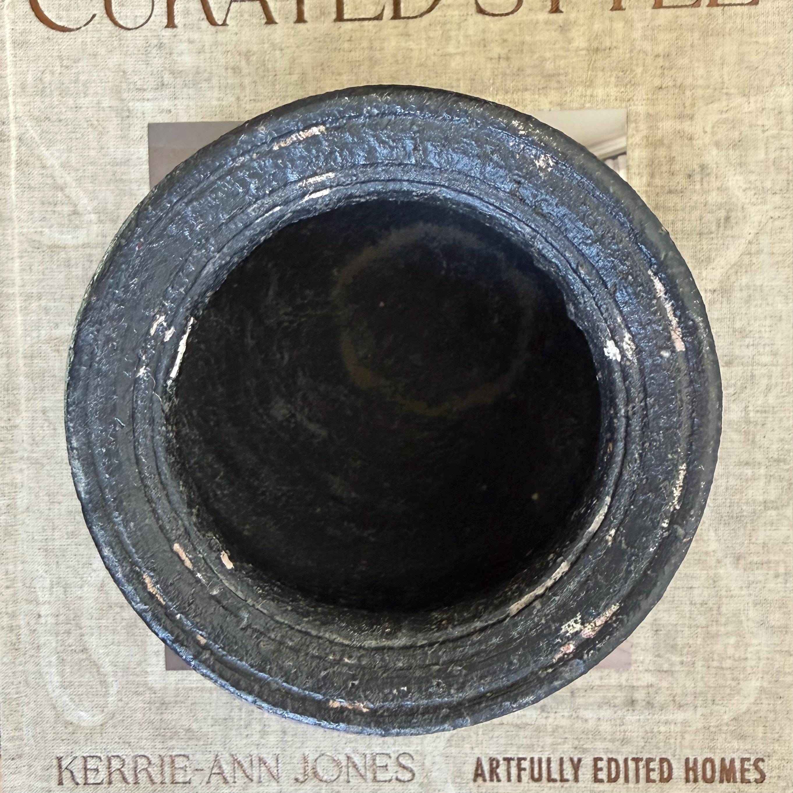 Small Vintage Clay Pot Vessel with Iron Stand |  Rustic Terracotta Mini Planter