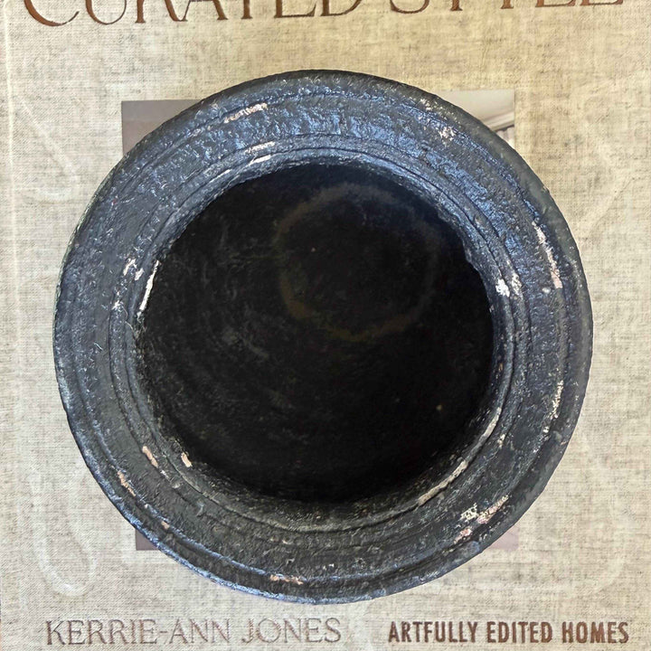 Small Vintage Clay Pot Vessel with Iron Stand |  Rustic Terracotta Mini Planter