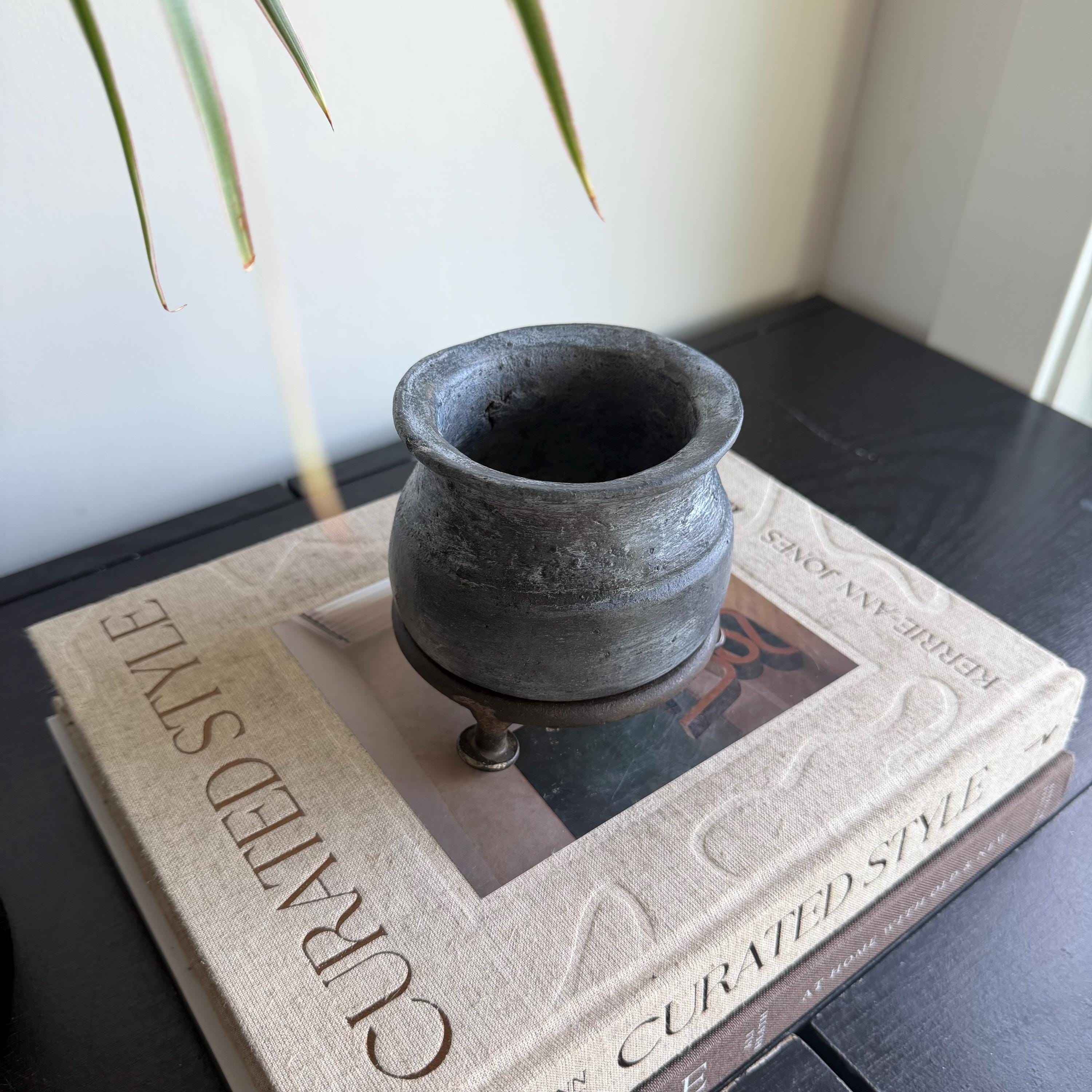 Small Vintage Clay Pot Vessel with Iron Stand |  Rustic Terracotta Mini Planter