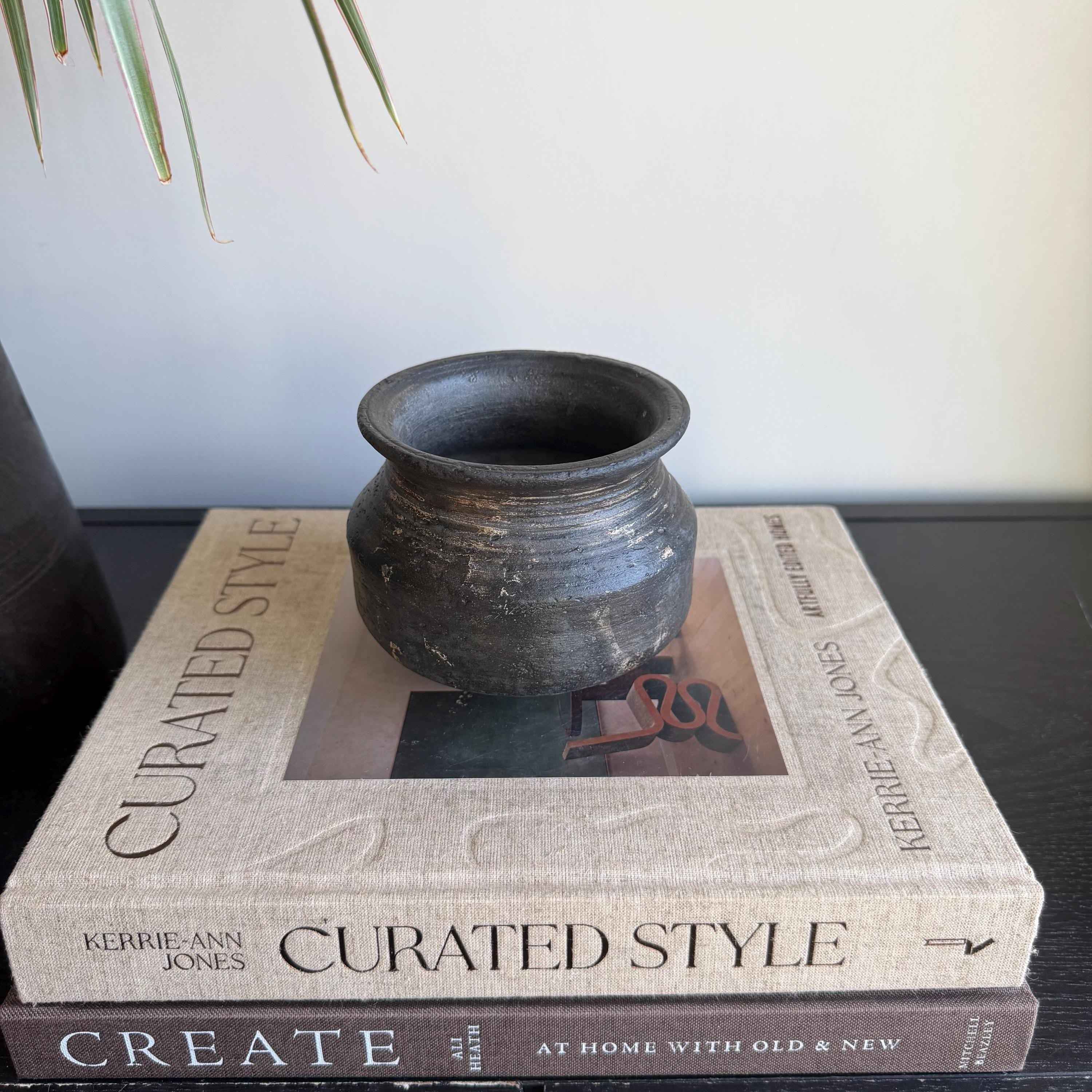 Small Vintage Clay Pot Vessel with Iron Stand |  Rustic Terracotta Mini Planter