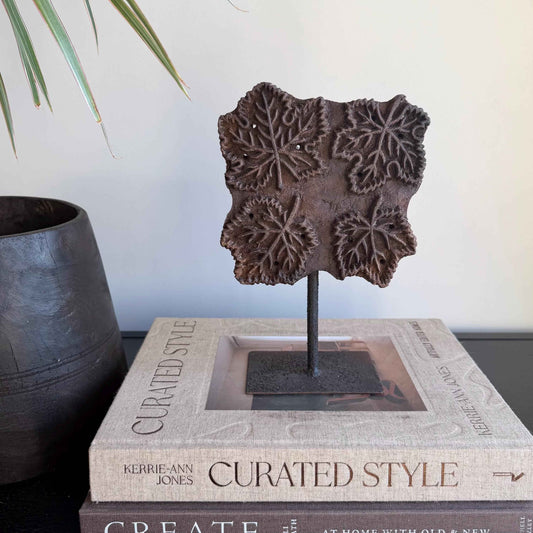 Vintage Wooden Printing Stamp on Iron Stand, Fabric/Textile Print Tool